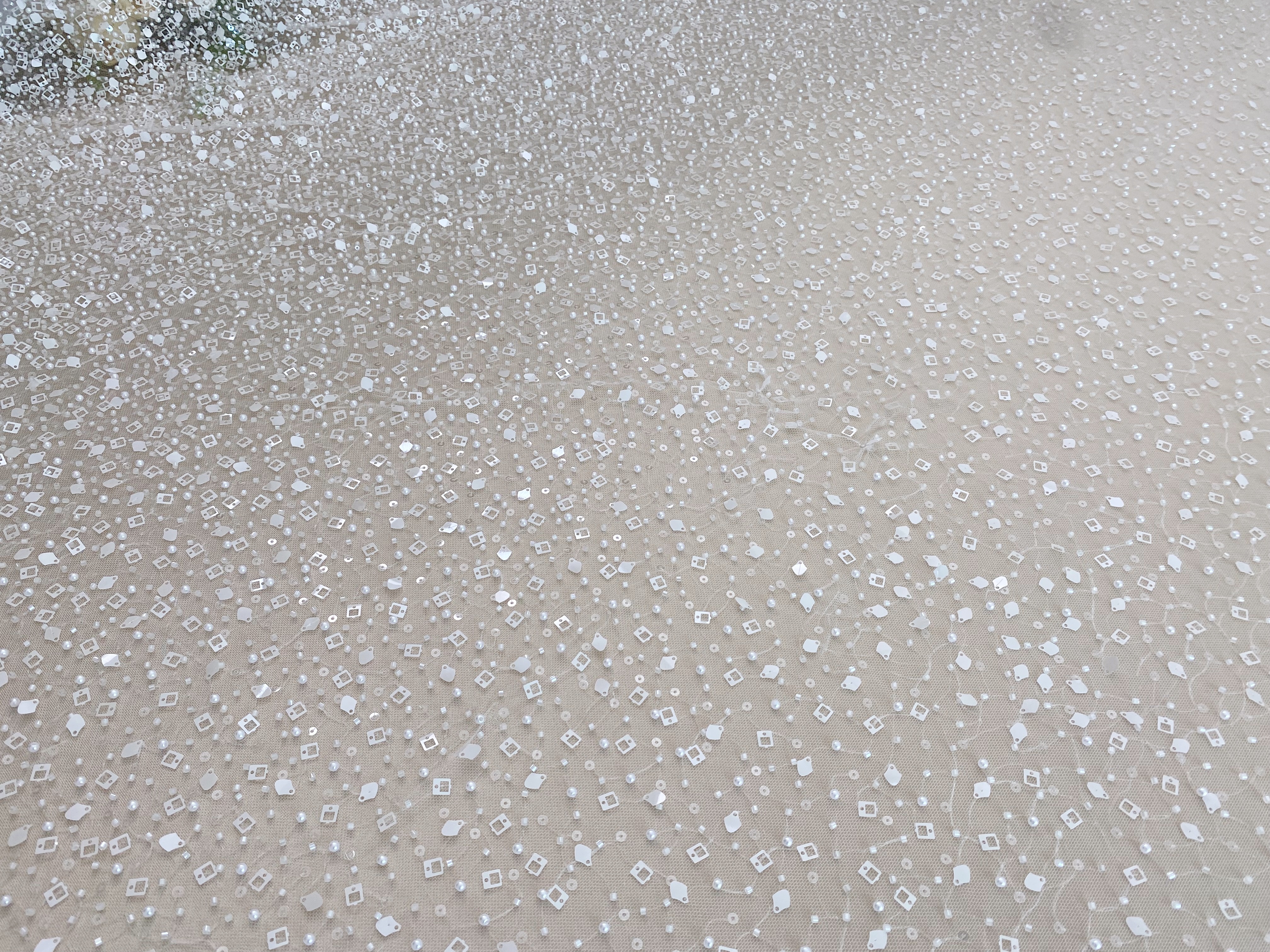 White Heavy Sequin Beaded Tulle Lace Fabric, DIY Dress Tulle Fabric,Wedding Evening Dress Tulle, Sequin Pearl Flower Mesh Lace