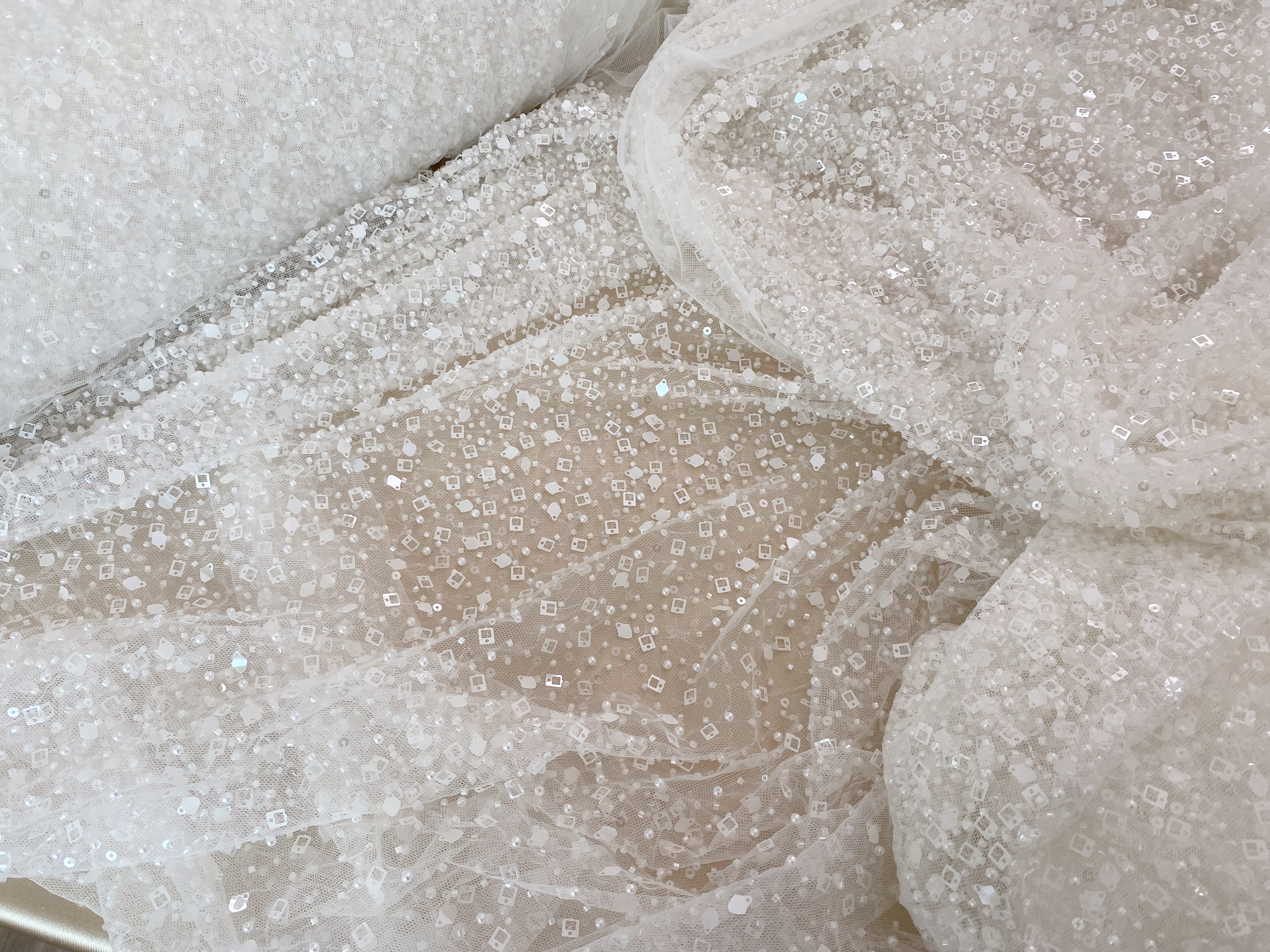 White Heavy Sequin Beaded Tulle Lace Fabric, DIY Dress Tulle Fabric,Wedding Evening Dress Tulle, Sequin Pearl Flower Mesh Lace
