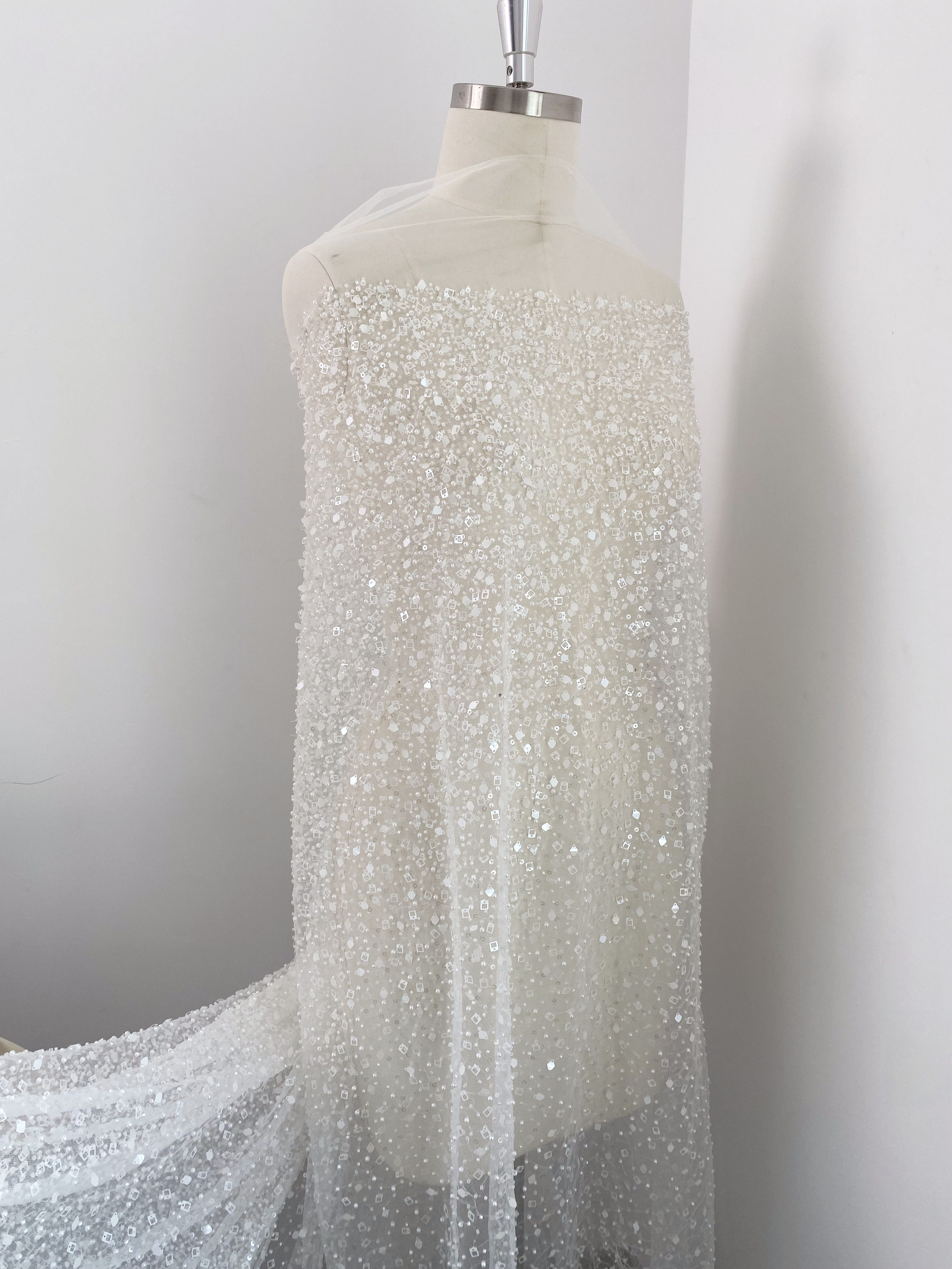White Heavy Sequin Beaded Tulle Lace Fabric, DIY Dress Tulle Fabric,Wedding Evening Dress Tulle, Sequin Pearl Flower Mesh Lace