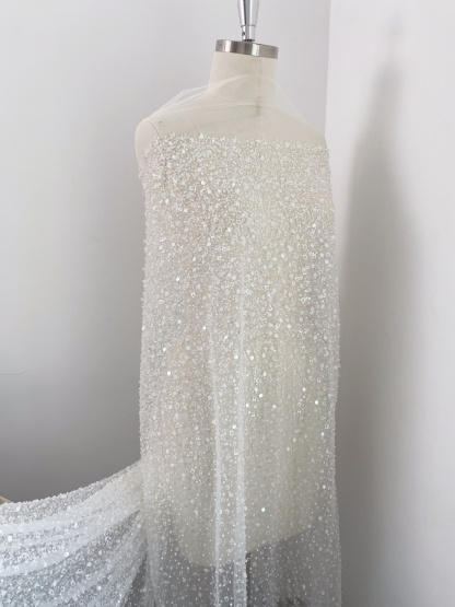 White Heavy Sequin Beaded Tulle Lace Fabric, DIY Dress Tulle Fabric,Wedding Evening Dress Tulle, Sequin Pearl Flower Mesh Lace