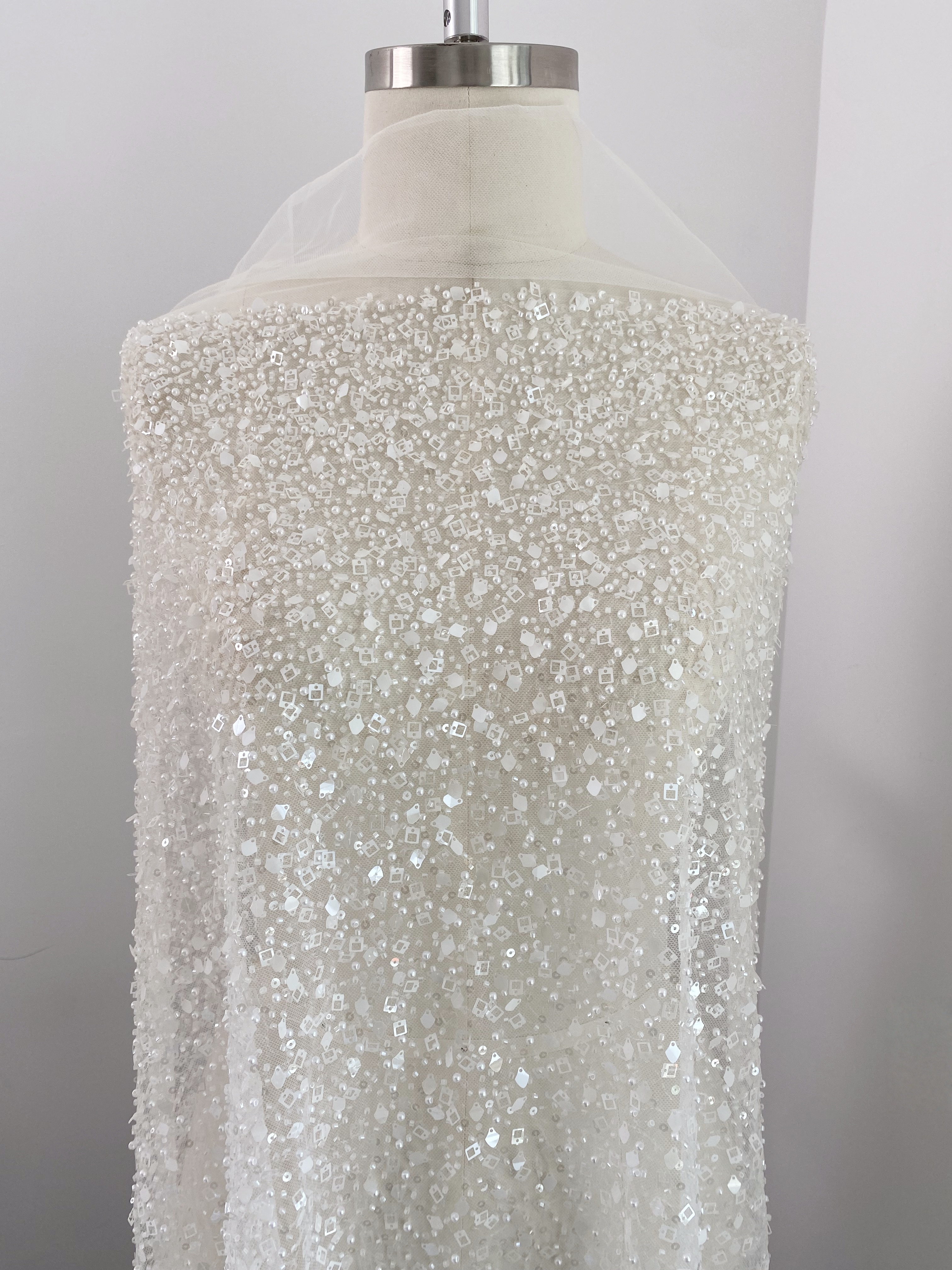 White Heavy Sequin Beaded Tulle Lace Fabric, DIY Dress Tulle Fabric,Wedding Evening Dress Tulle, Sequin Pearl Flower Mesh Lace