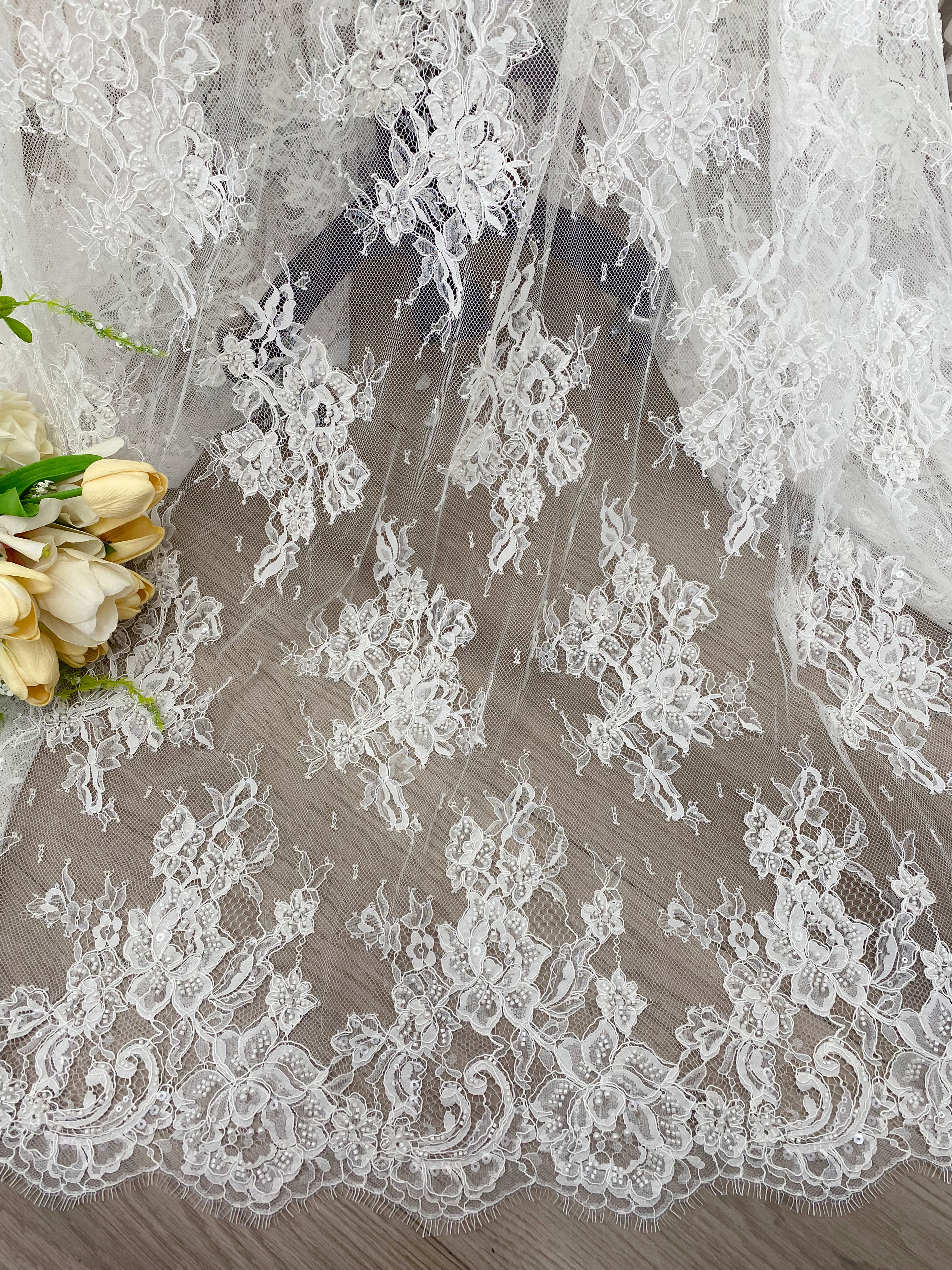 Ivory Beaded Chantilly Lace Fabric for Wedding Dress,Bridal Gown Veil