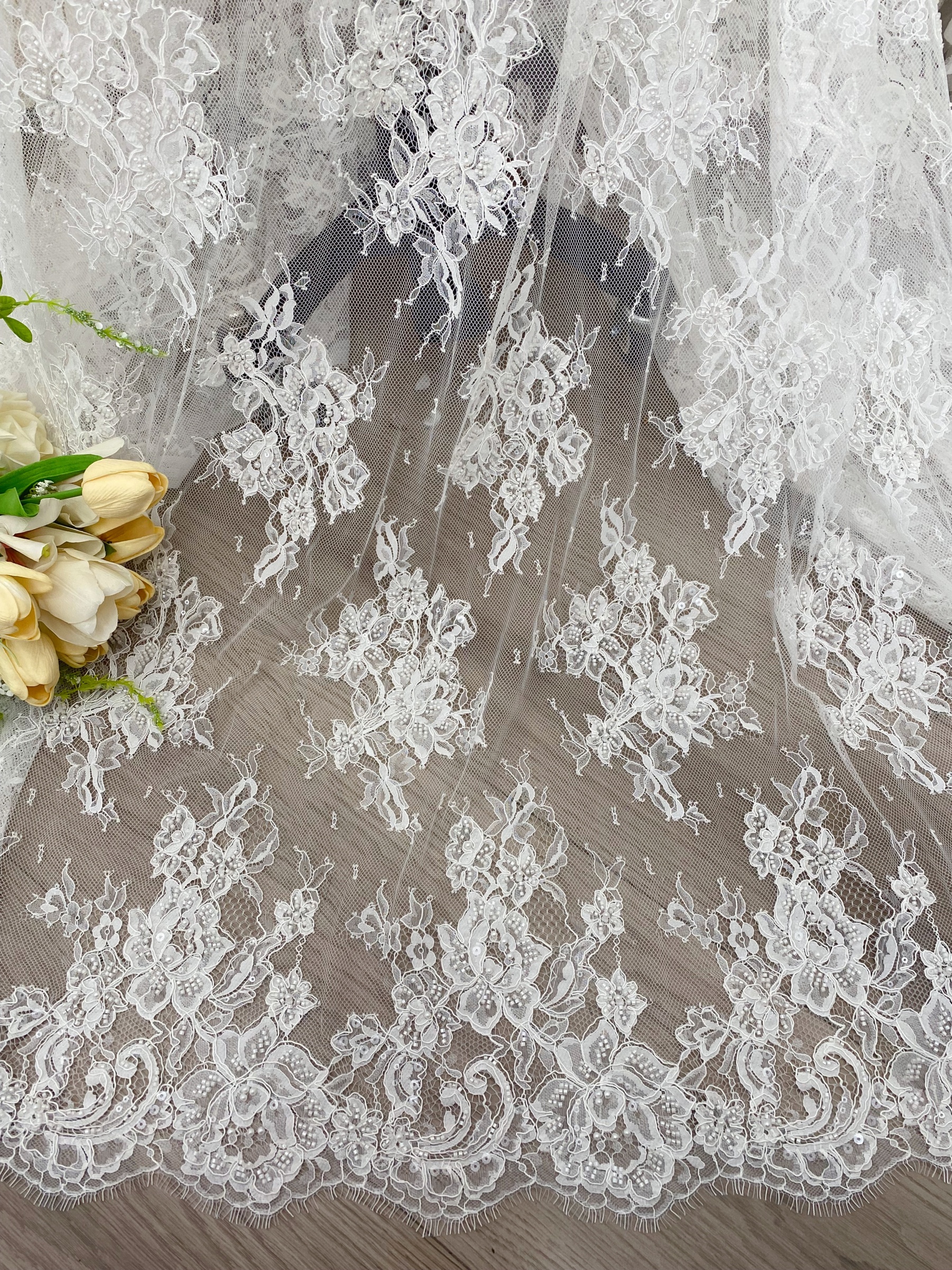 Ivory Beaded Chantilly Lace Fabric for Wedding Dress,Bridal Gown Veil