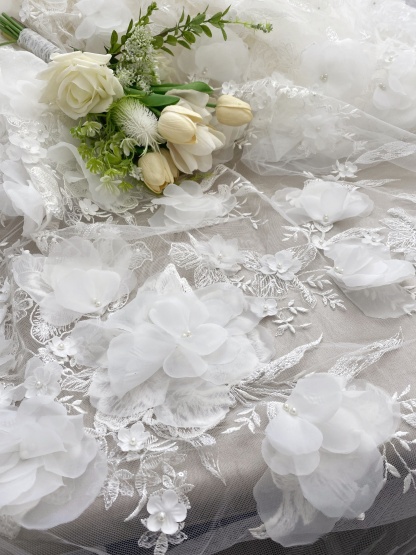 White 3D Floral Embroidery Lace Fabric With Pearls, Soft Tulle lace For Wedding gown, Evening Dresses, Prom-Dress By The Yard