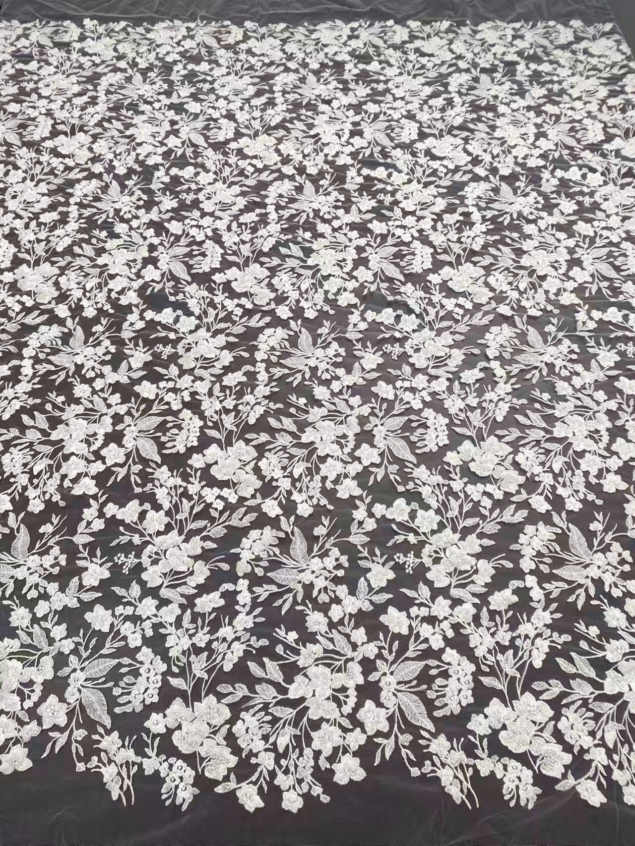 Ivory Floral Embroidery Lace Fabric by yard, Bridal Dress Lace tulle for DIY sewing, Designer Dressmaking Supplies