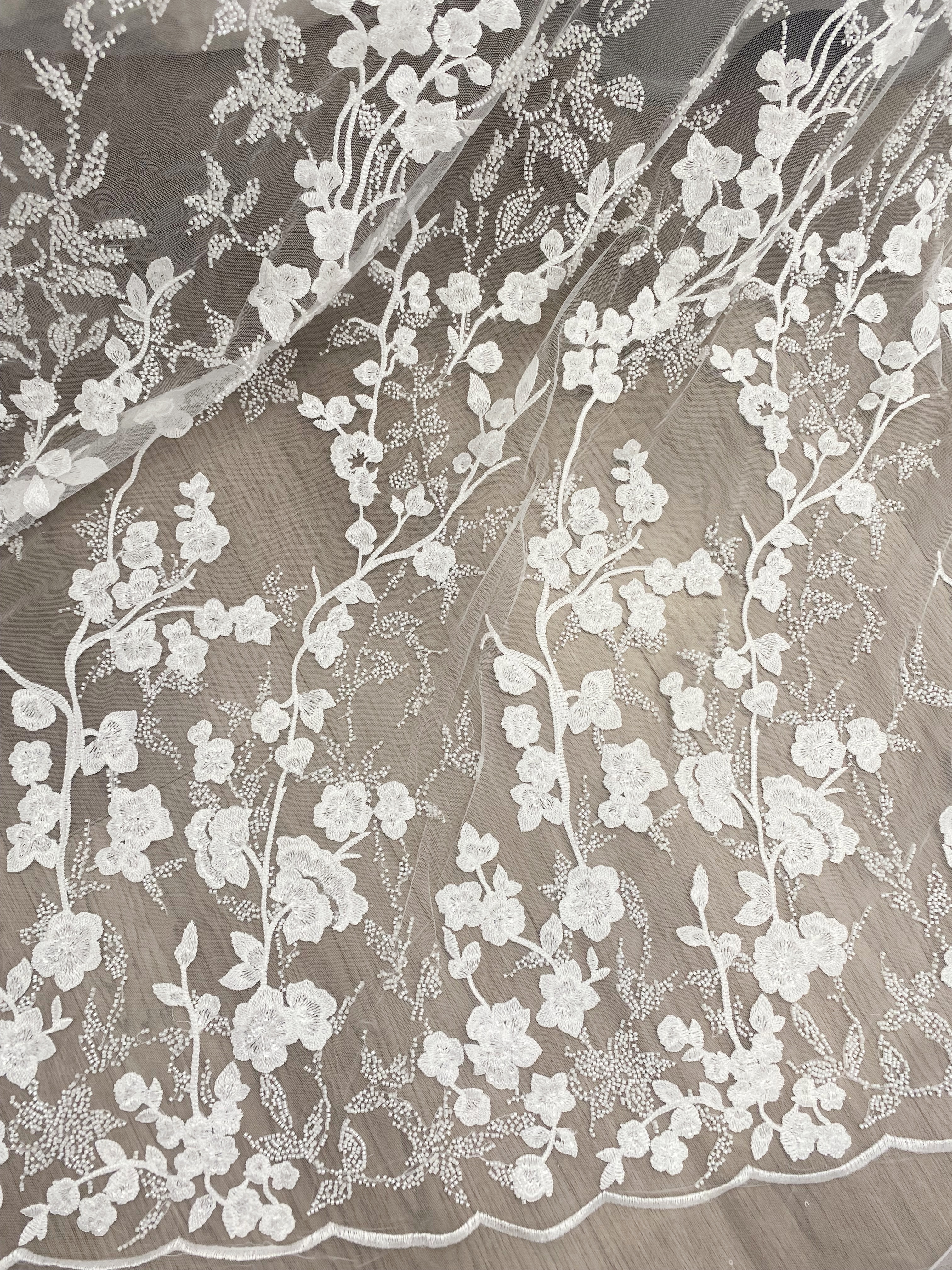 Ivory Beaded Flowers Embroidery Mesh Fabric with Sparkly Sequine Floral Tull Lace for Wedding, Bridal Dress, Veil, Bridal Fabric 