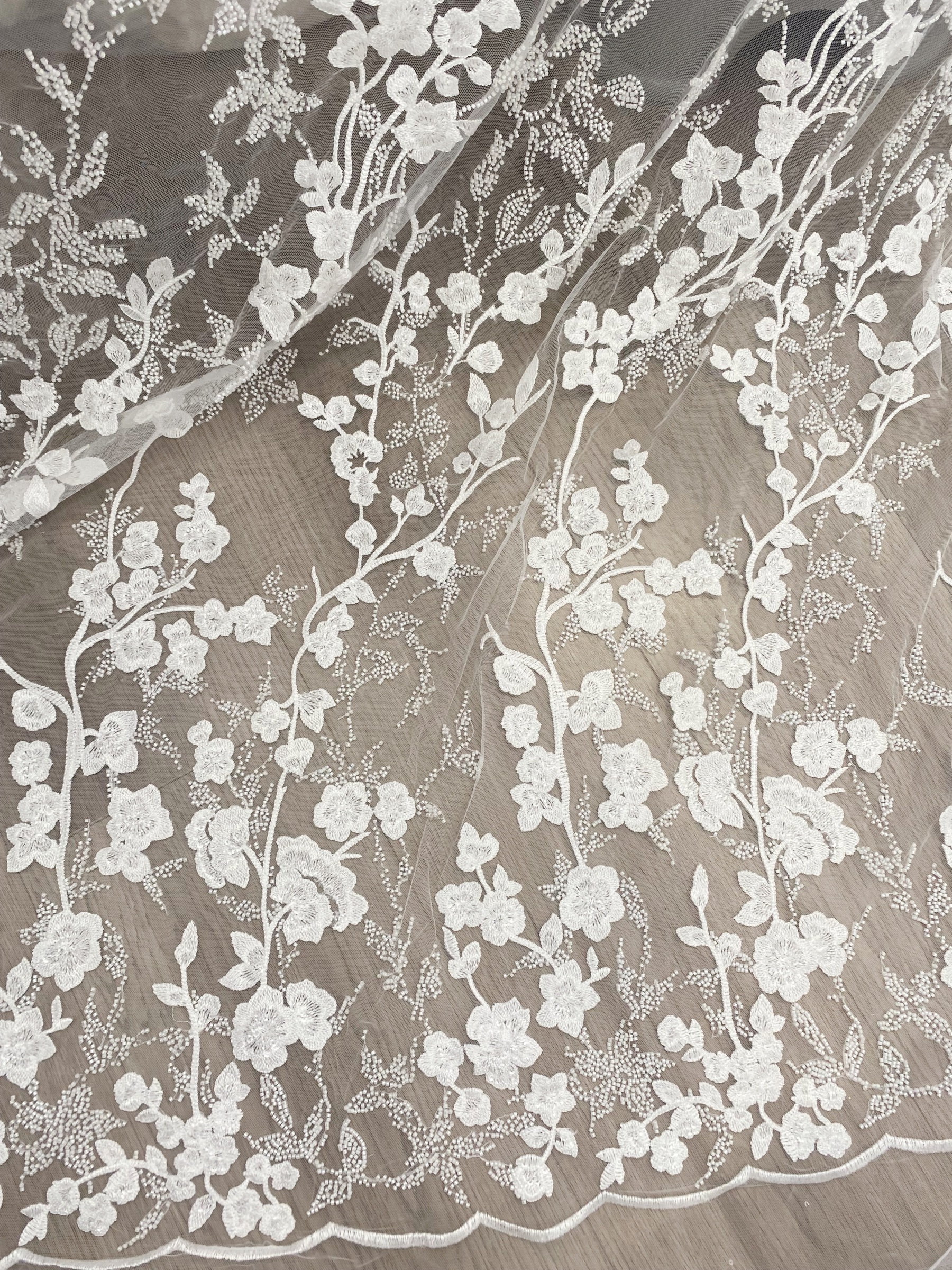 Ivory Beaded Flowers Embroidery Mesh Fabric with Sparkly Sequine Floral Tull Lace for Wedding, Bridal Dress, Veil, Bridal Fabric 