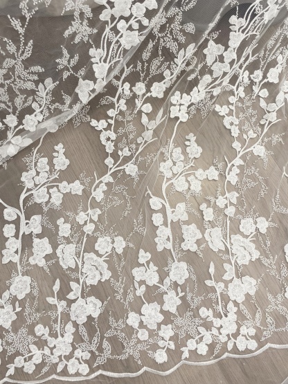 Ivory Beaded Flowers Embroidery Mesh Fabric with Sparkly Sequine Floral Tull Lace for Wedding, Bridal Dress, Veil, Bridal Fabric 