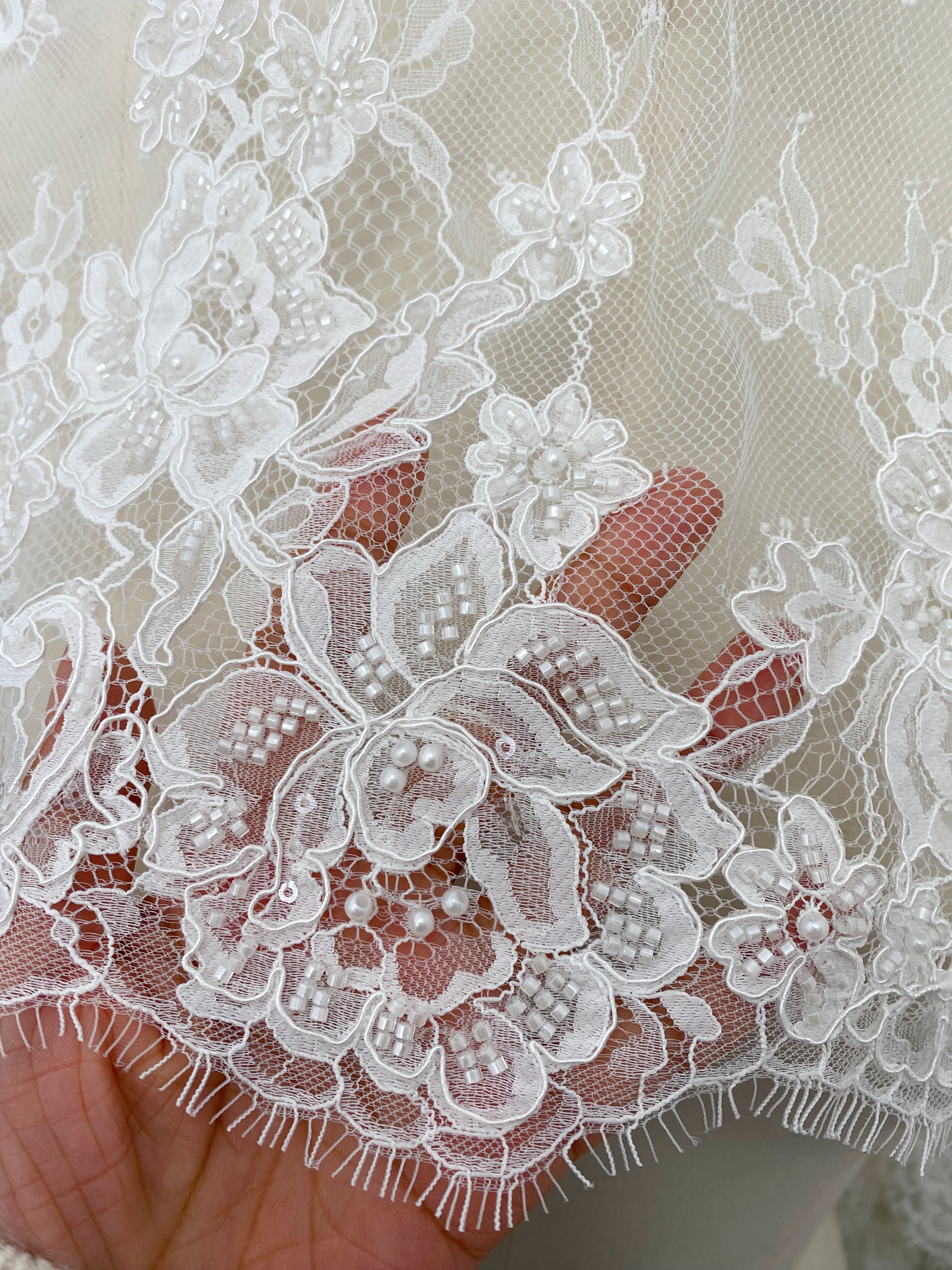 Ivory Beaded Chantilly Lace Fabric for Wedding Dress,Bridal Gown Veil