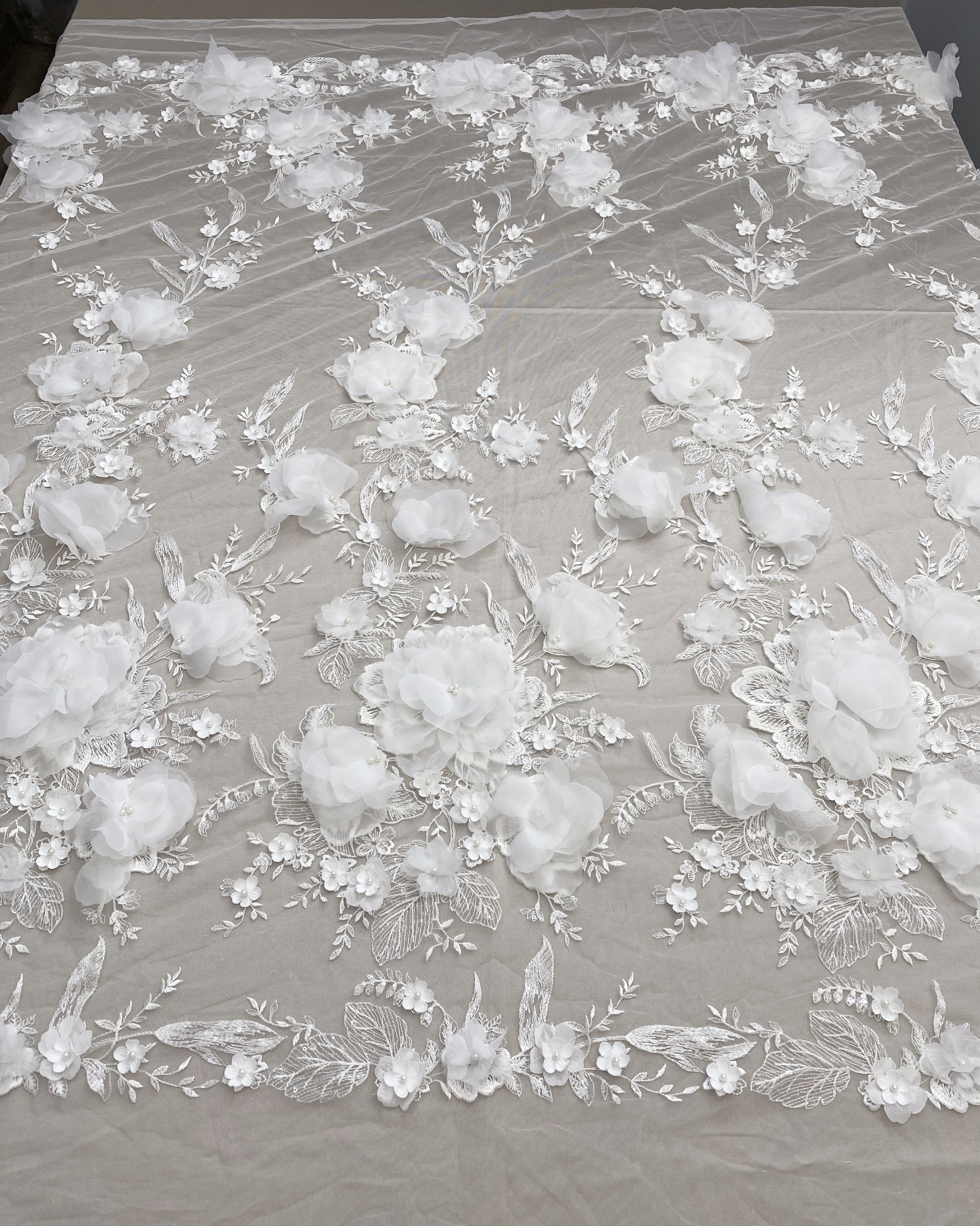 White 3D Floral Embroidery Lace Fabric With Pearls, Soft Tulle lace For Wedding gown, Evening Dresses, Prom-Dress By The Yard