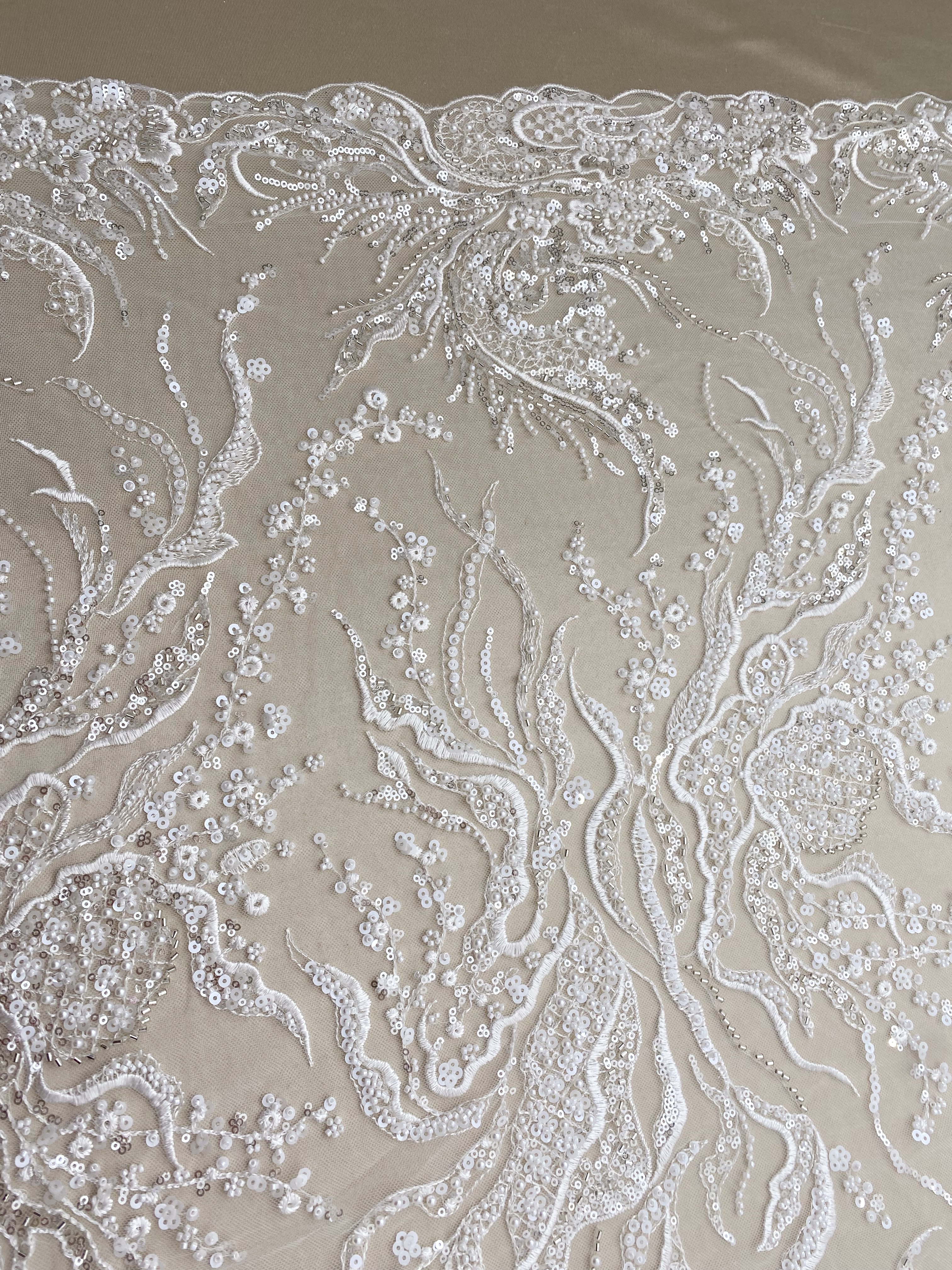 Beaded Lace Fabric, Embroidered Tulle with Pearls and Beads,Wedding Dress Fabric