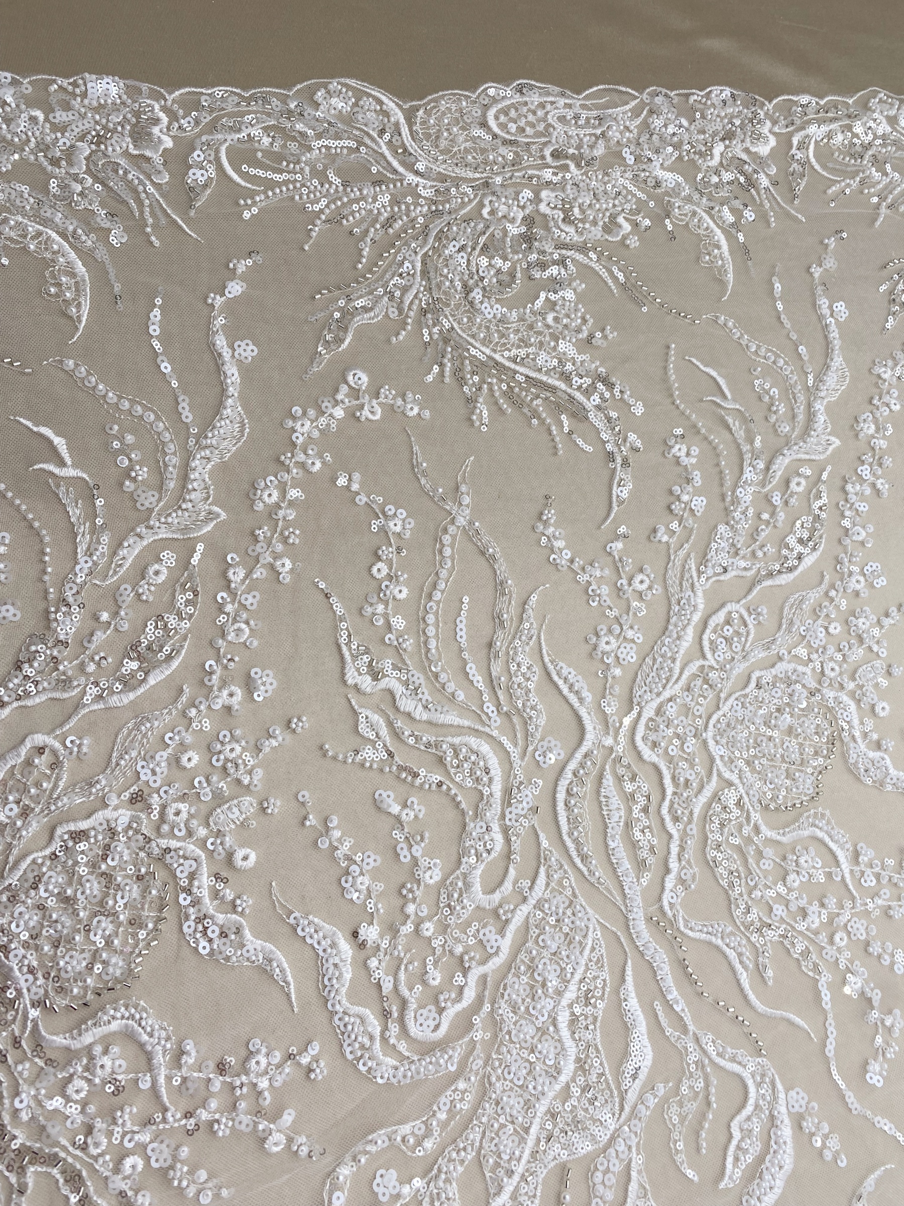 Beaded Lace Fabric, Embroidered Tulle with Pearls and Beads,Wedding Dress Fabric