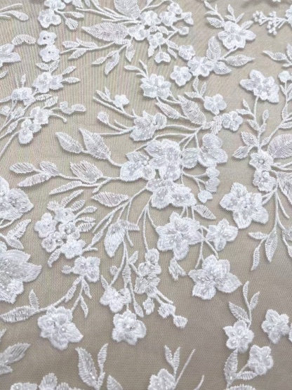 Ivory Floral Embroidery Lace Fabric by yard, Bridal Dress Lace tulle for DIY sewing, Designer Dressmaking Supplies