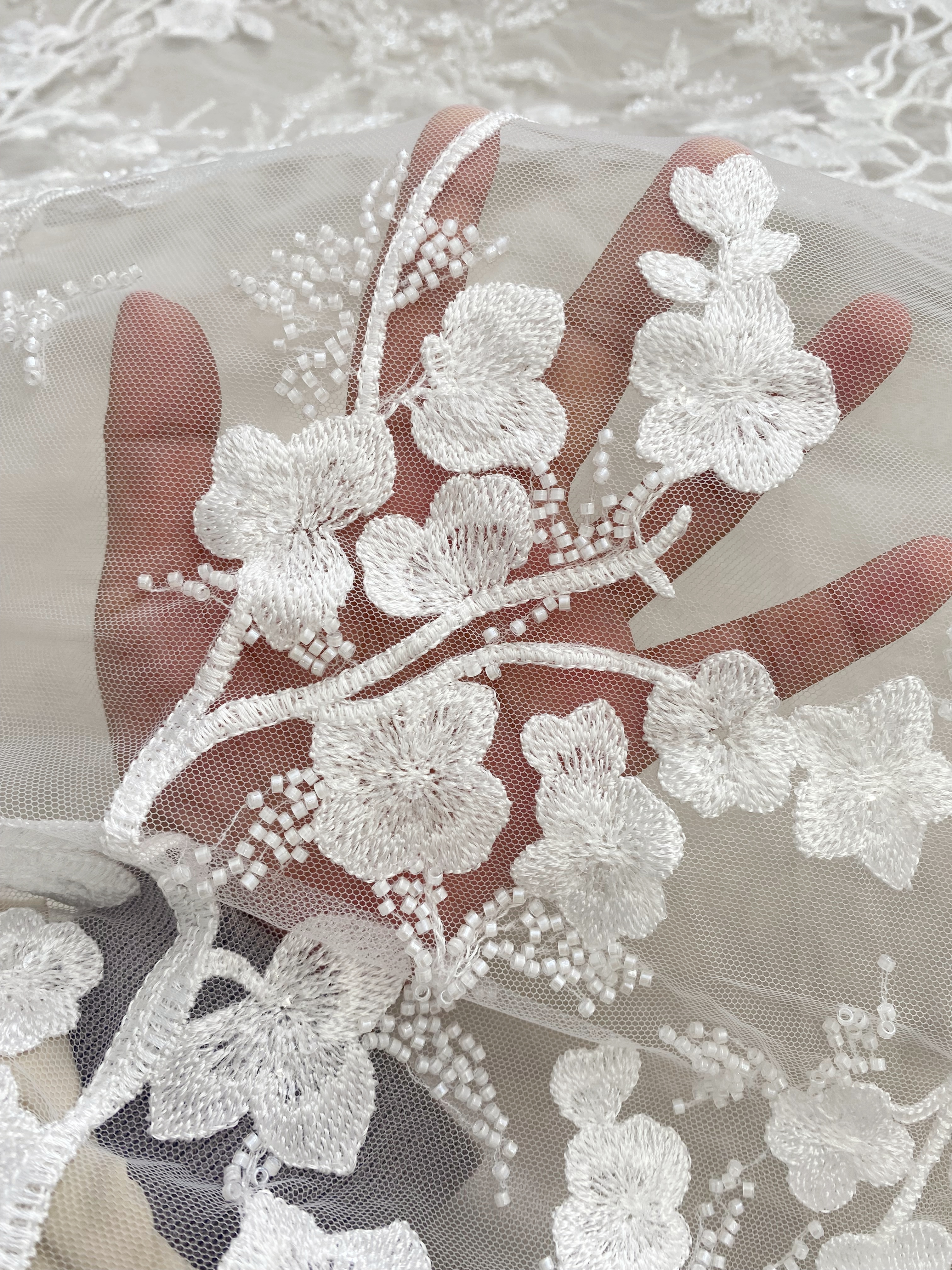 Ivory Beaded Flowers Embroidery Mesh Fabric with Sparkly Sequine Floral Tull Lace for Wedding, Bridal Dress, Veil, Bridal Fabric 