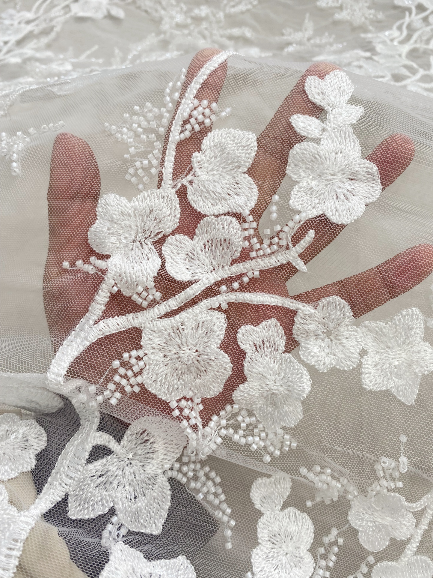Ivory Beaded Flowers Embroidery Mesh Fabric with Sparkly Sequine Floral Tull Lace for Wedding, Bridal Dress, Veil, Bridal Fabric 