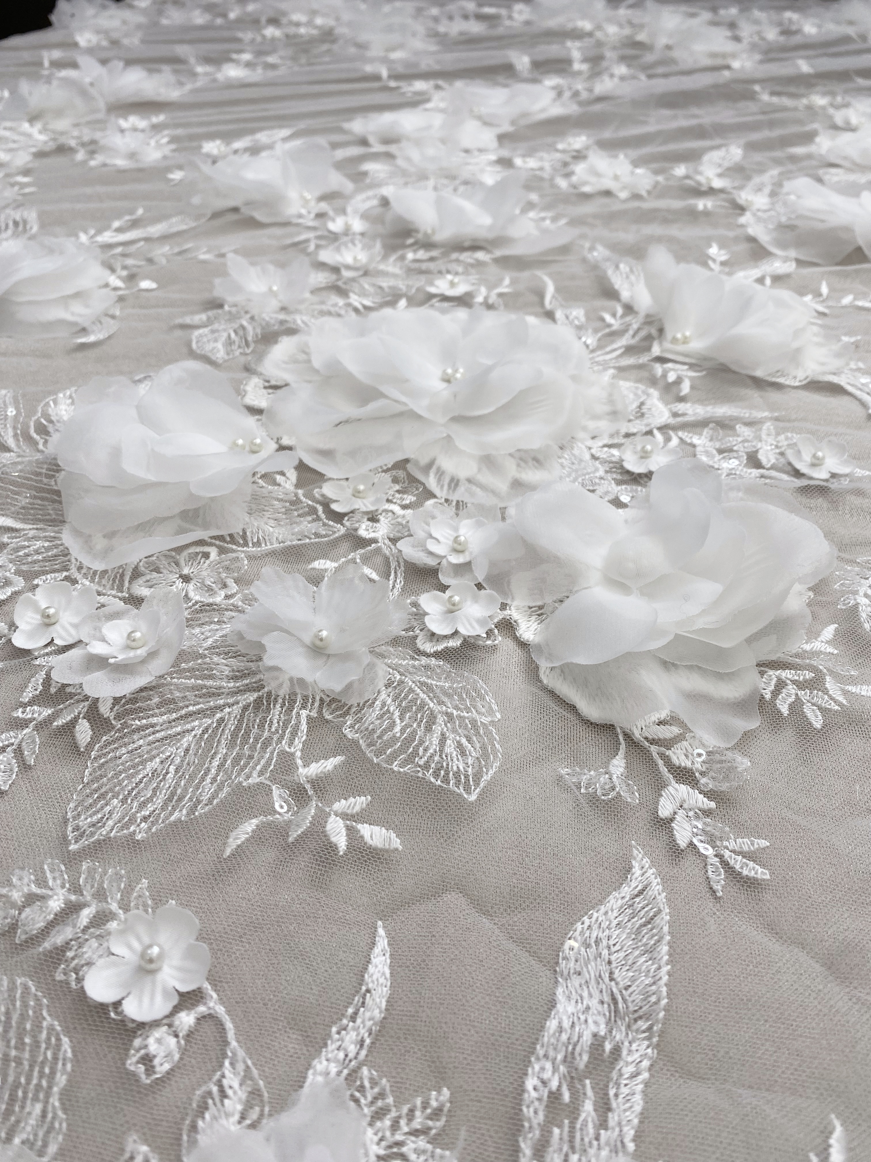 White 3D Floral Embroidery Lace Fabric With Pearls, Soft Tulle lace For Wedding gown, Evening Dresses, Prom-Dress By The Yard