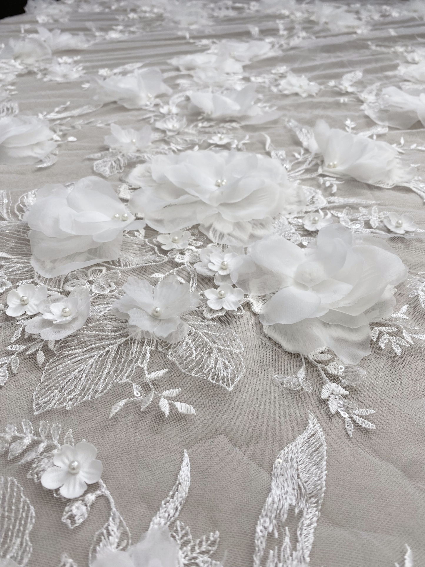 White 3D Floral Embroidery Lace Fabric With Pearls, Soft Tulle lace For Wedding gown, Evening Dresses, Prom-Dress By The Yard