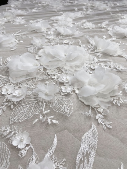 White 3D Floral Embroidery Lace Fabric With Pearls, Soft Tulle lace For Wedding gown, Evening Dresses, Prom-Dress By The Yard