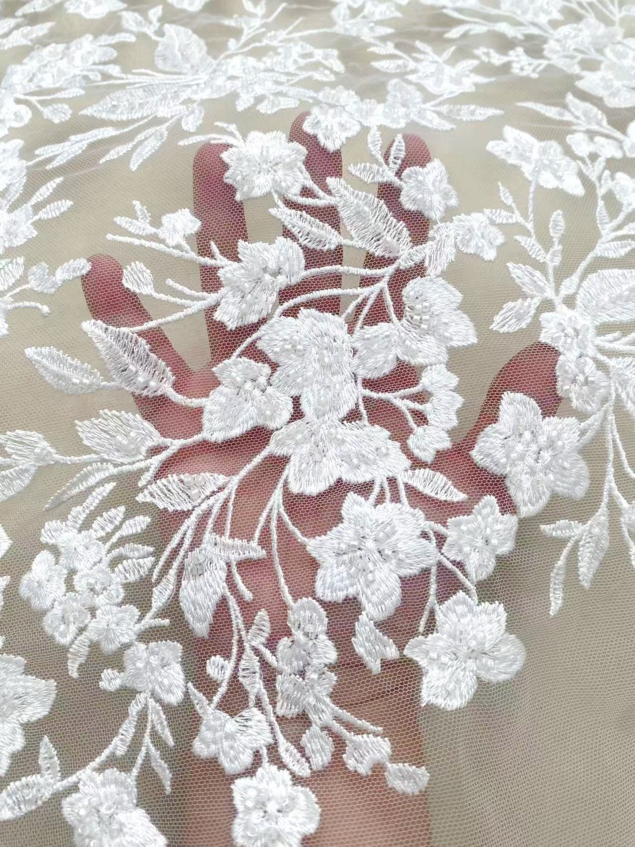 Ivory Floral Embroidery Lace Fabric by yard, Bridal Dress Lace tulle for DIY sewing, Designer Dressmaking Supplies