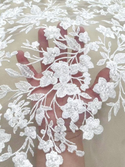 Ivory Floral Embroidery Lace Fabric by yard, Bridal Dress Lace tulle for DIY sewing, Designer Dressmaking Supplies