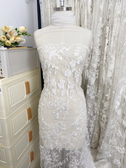 Ivory Beaded Flowers Embroidery Mesh Fabric with Sparkly Sequine Floral Tull Lace for Wedding, Bridal Dress, Veil, Bridal Fabric 