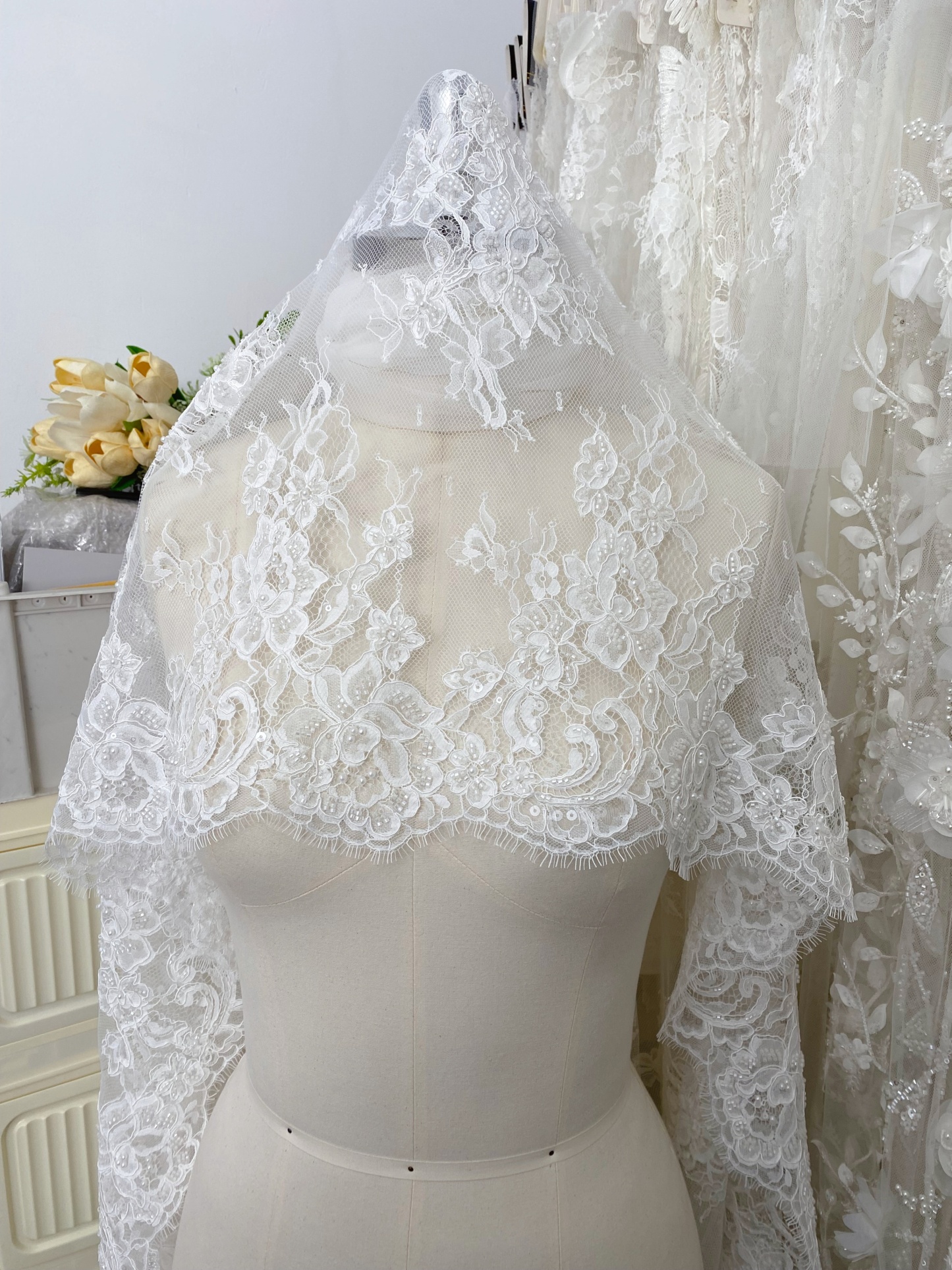 Ivory Beaded Chantilly Lace Fabric for Wedding Dress,Bridal Gown Veil