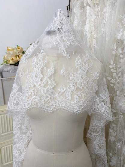 Ivory Beaded Chantilly Lace Fabric for Wedding Dress,Bridal Gown Veil