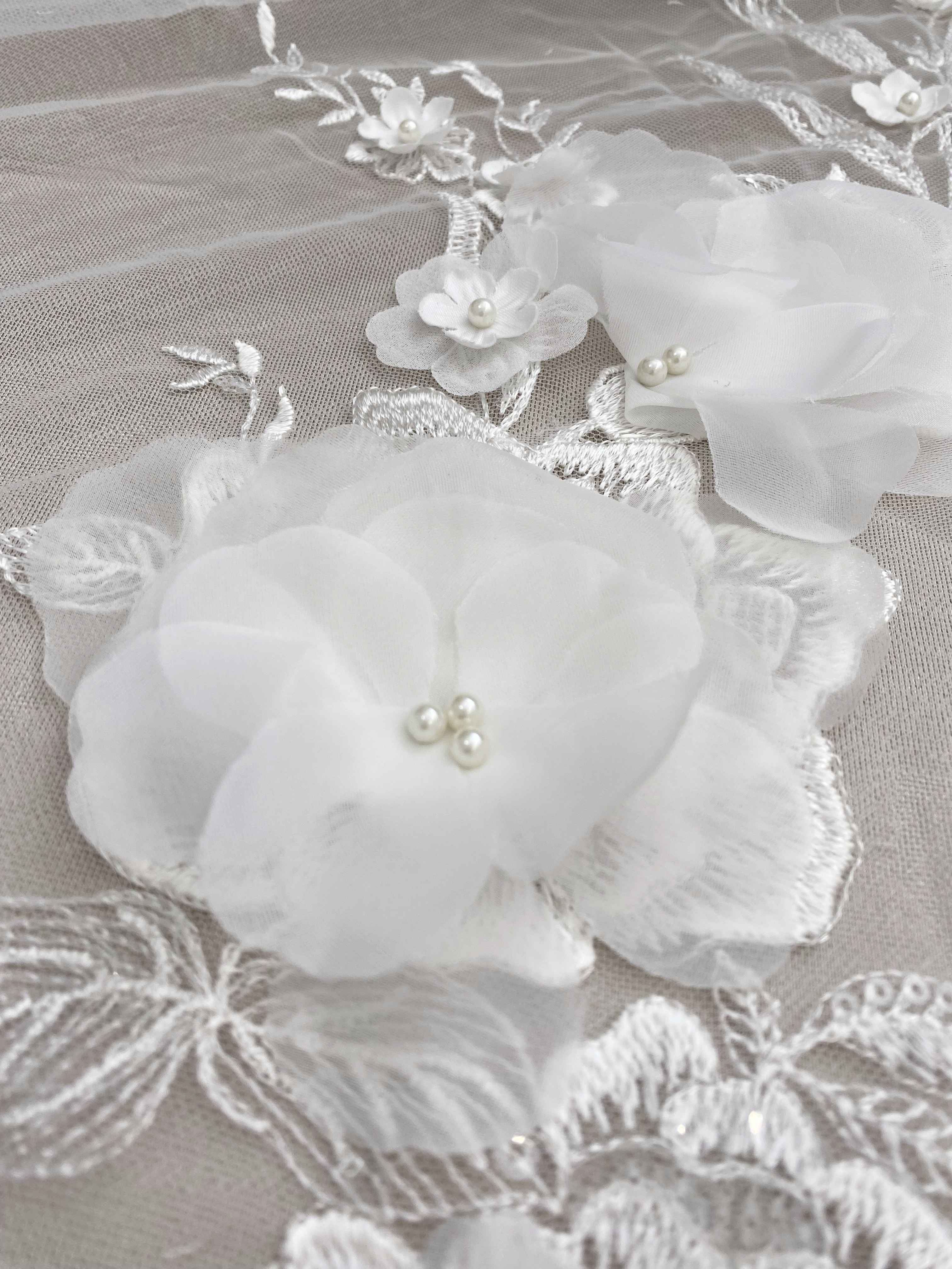 White 3D Floral Embroidery Lace Fabric With Pearls, Soft Tulle lace For Wedding gown, Evening Dresses, Prom-Dress By The Yard