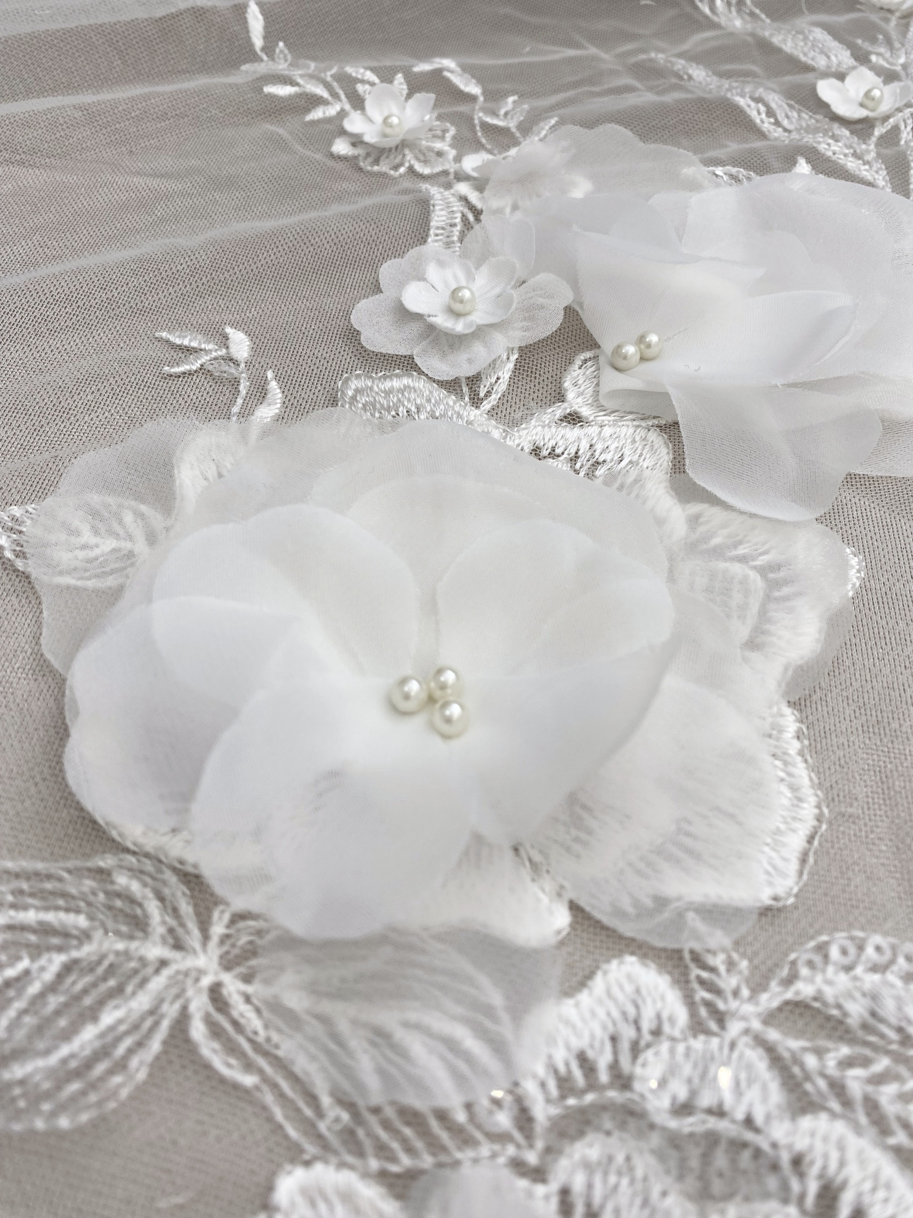 White 3D Floral Embroidery Lace Fabric With Pearls, Soft Tulle lace For Wedding gown, Evening Dresses, Prom-Dress By The Yard