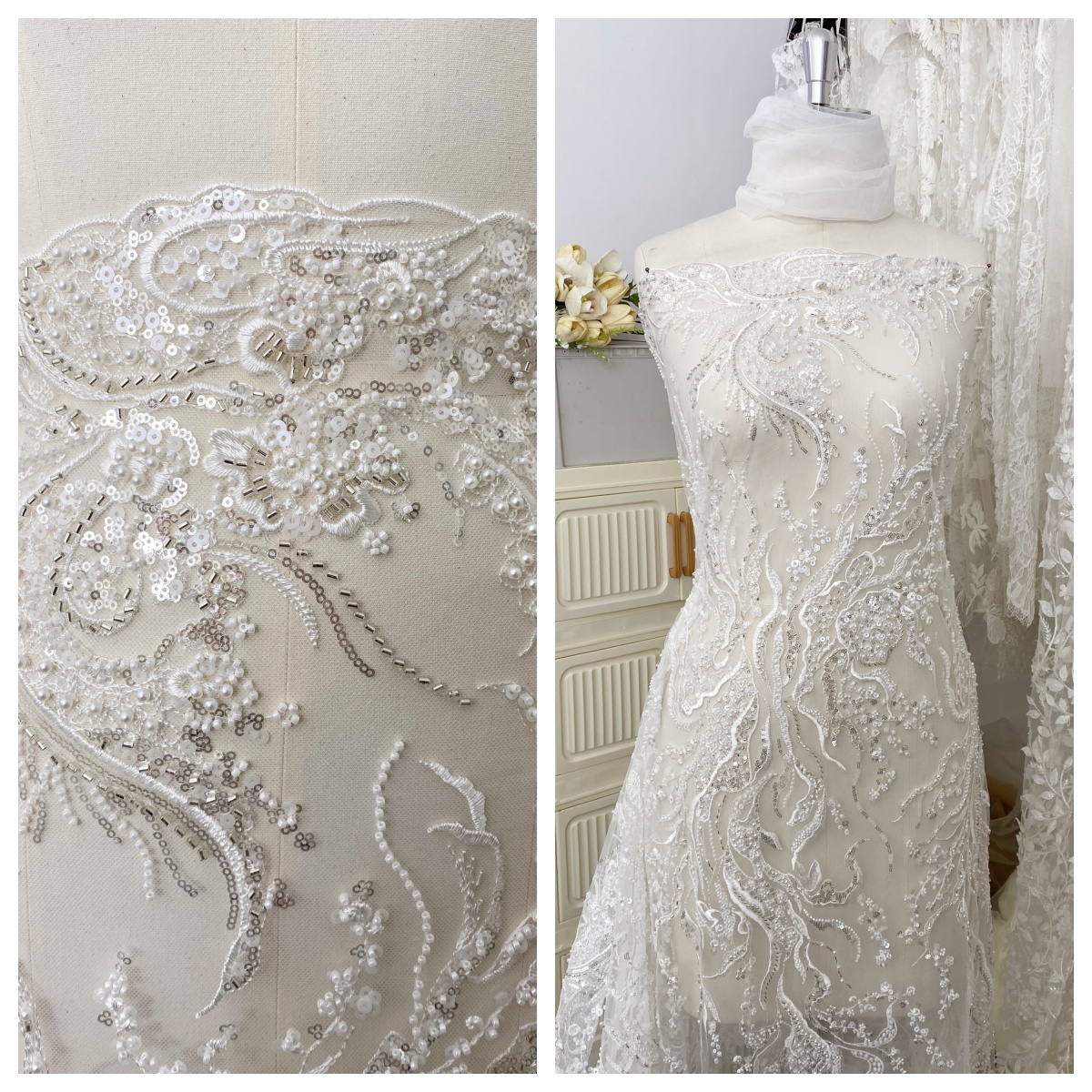 Beaded Lace Fabric, Embroidered Tulle with Pearls and Beads,Wedding Dress Fabric