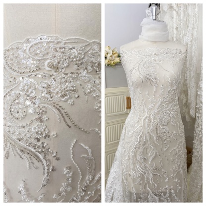 Beaded Lace Fabric, Embroidered Tulle with Pearls and Beads,Wedding Dress Fabric