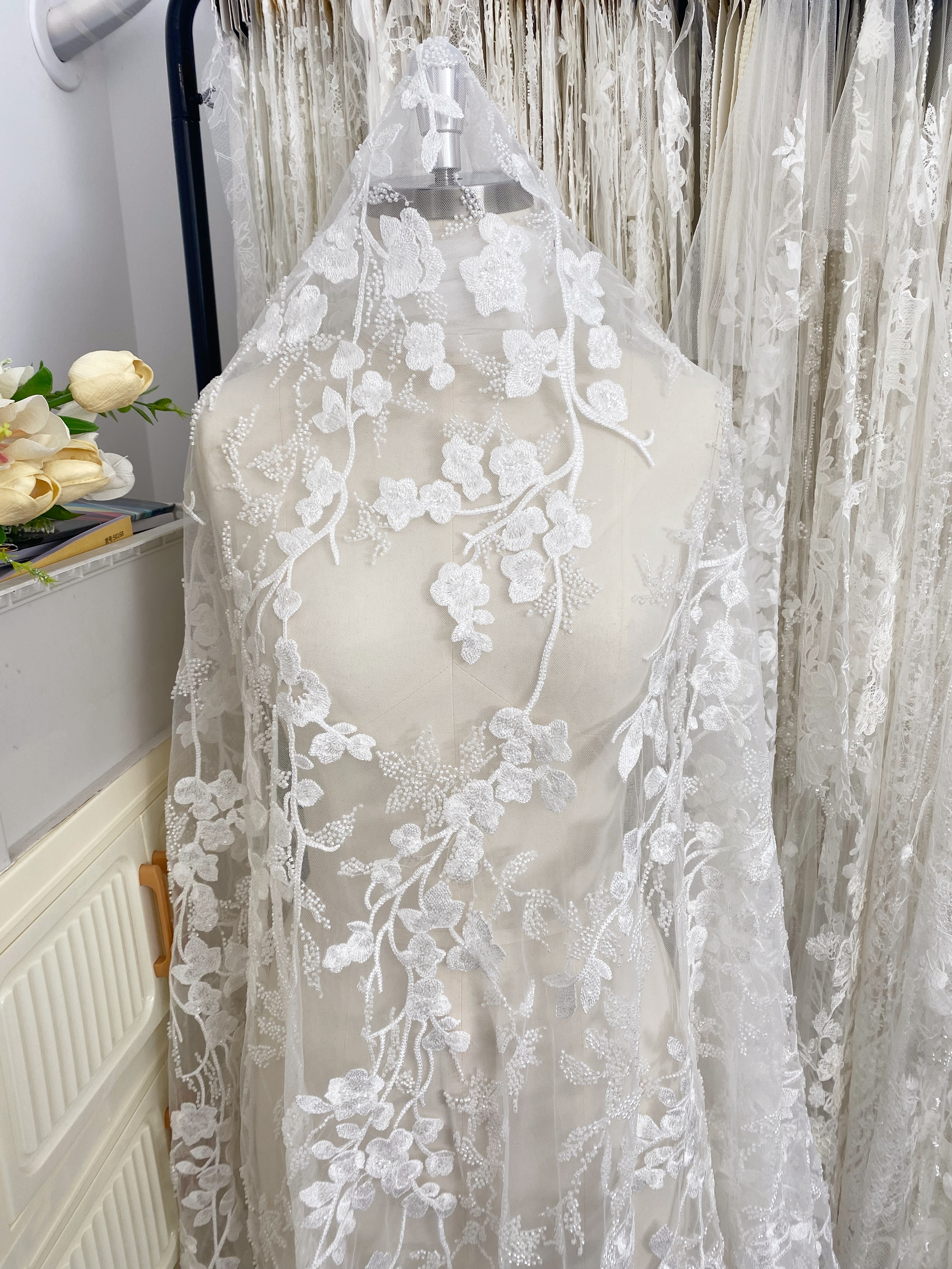 Ivory Beaded Flowers Embroidery Mesh Fabric with Sparkly Sequine Floral Tull Lace for Wedding, Bridal Dress, Veil, Bridal Fabric 