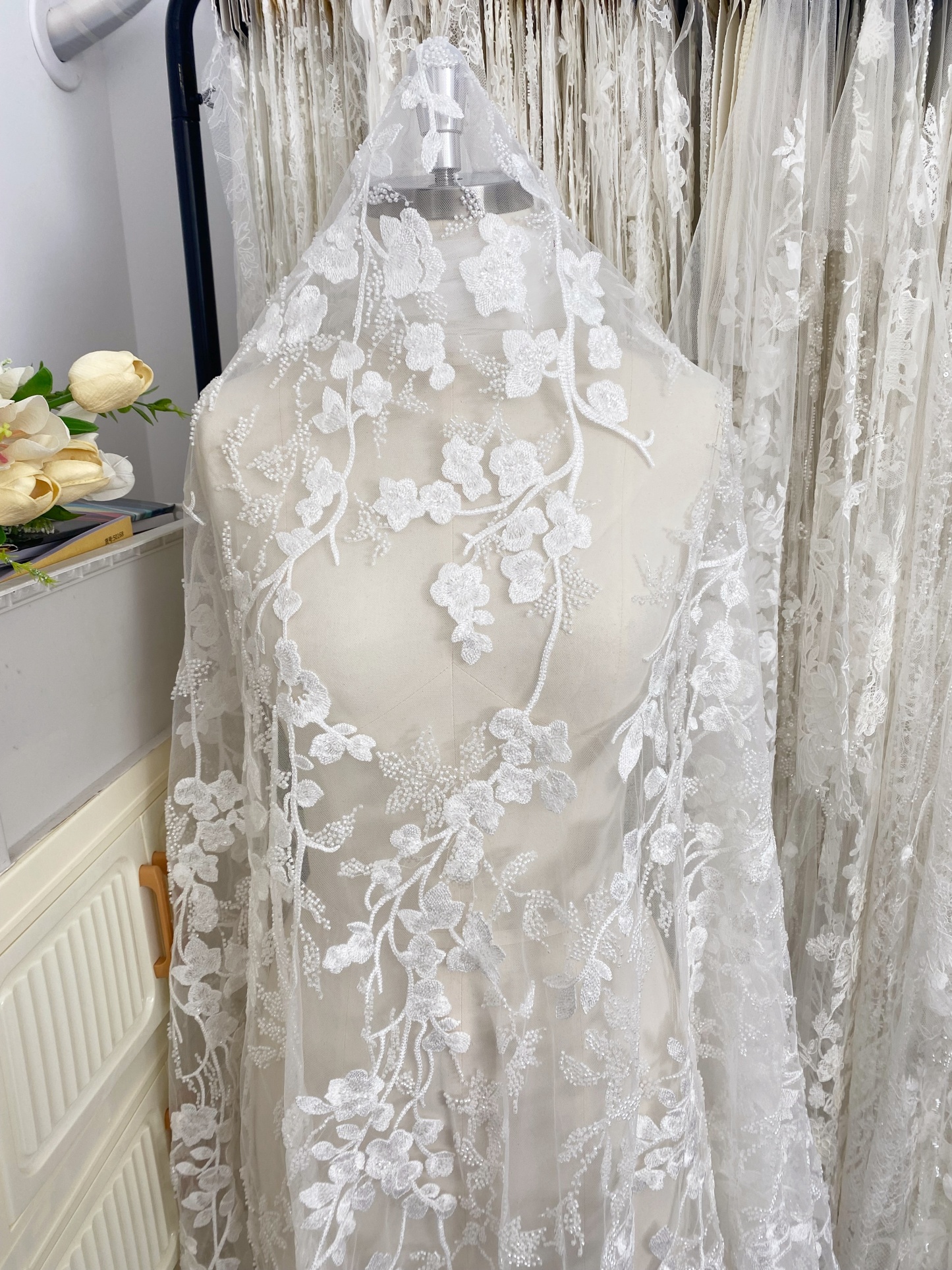 Ivory Beaded Flowers Embroidery Mesh Fabric with Sparkly Sequine Floral Tull Lace for Wedding, Bridal Dress, Veil, Bridal Fabric 