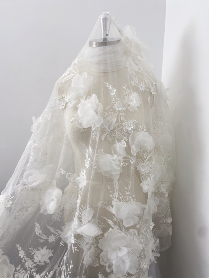 White 3D Floral Embroidery Lace Fabric With Pearls, Soft Tulle lace For Wedding gown, Evening Dresses, Prom-Dress By The Yard