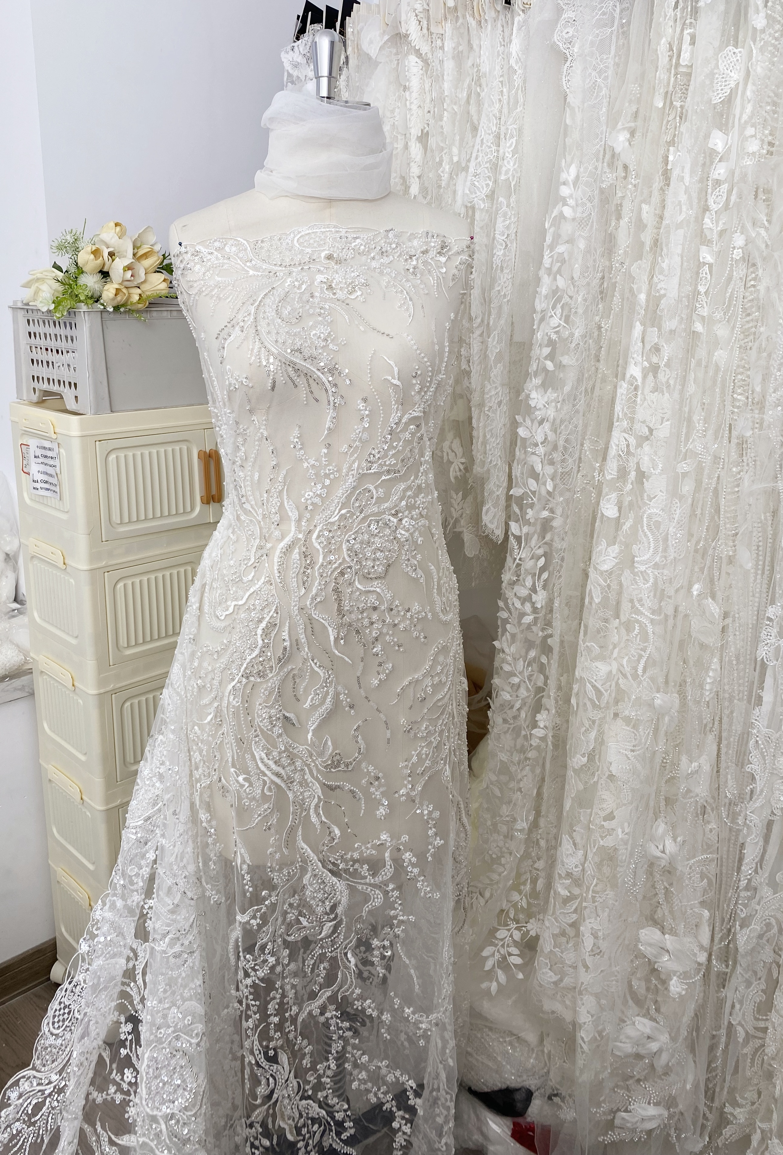 Beaded Lace Fabric, Embroidered Tulle with Pearls and Beads,Wedding Dress Fabric