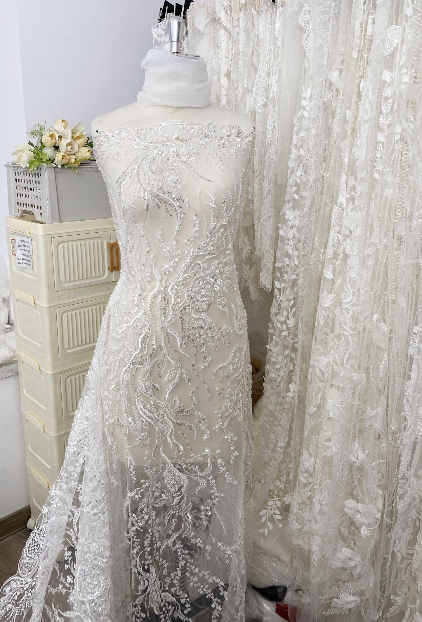 Beaded Lace Fabric, Embroidered Tulle with Pearls and Beads,Wedding Dress Fabric