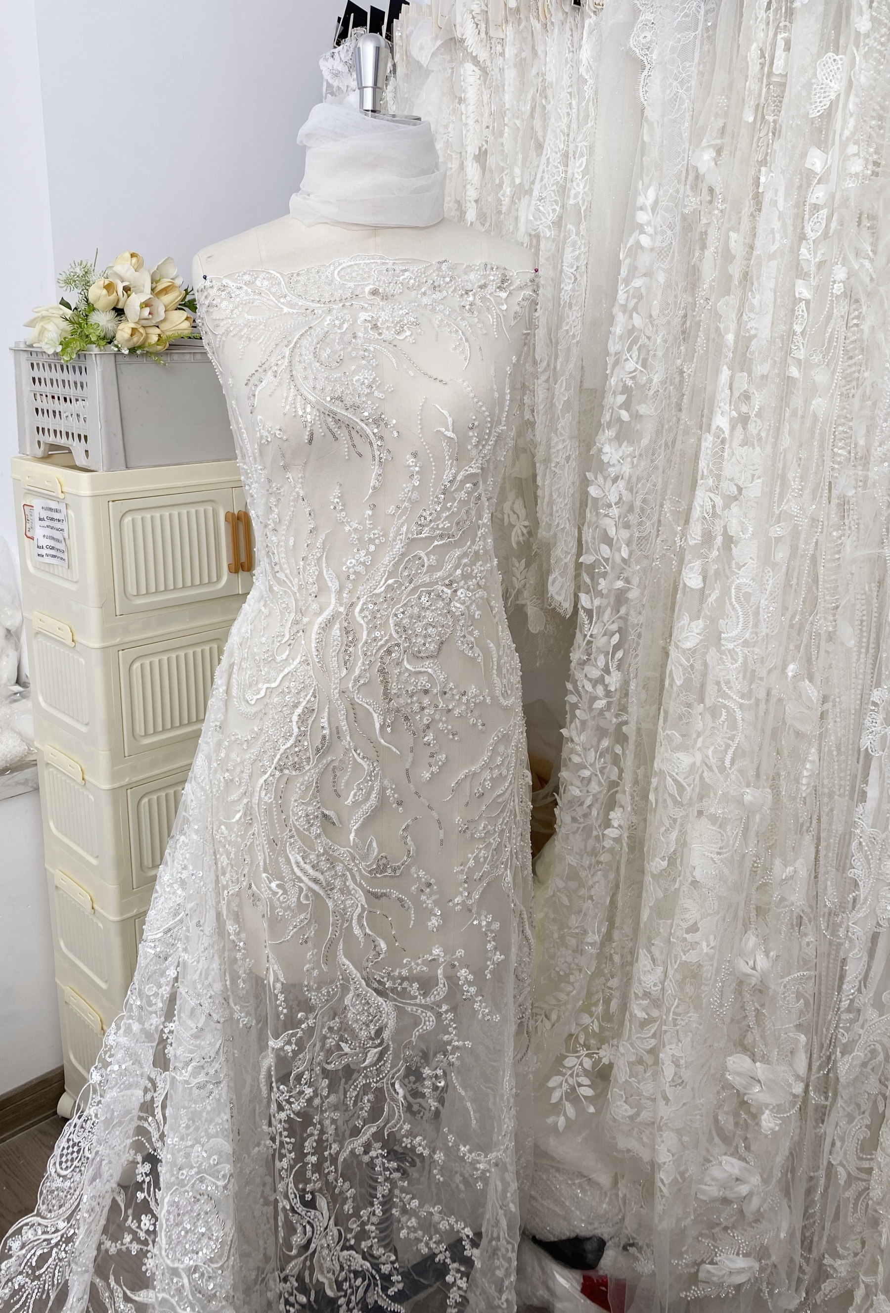 Beaded Lace Fabric, Embroidered Tulle with Pearls and Beads,Wedding Dress Fabric