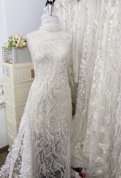 Beaded Lace Fabric, Embroidered Tulle with Pearls and Beads,Wedding Dress Fabric