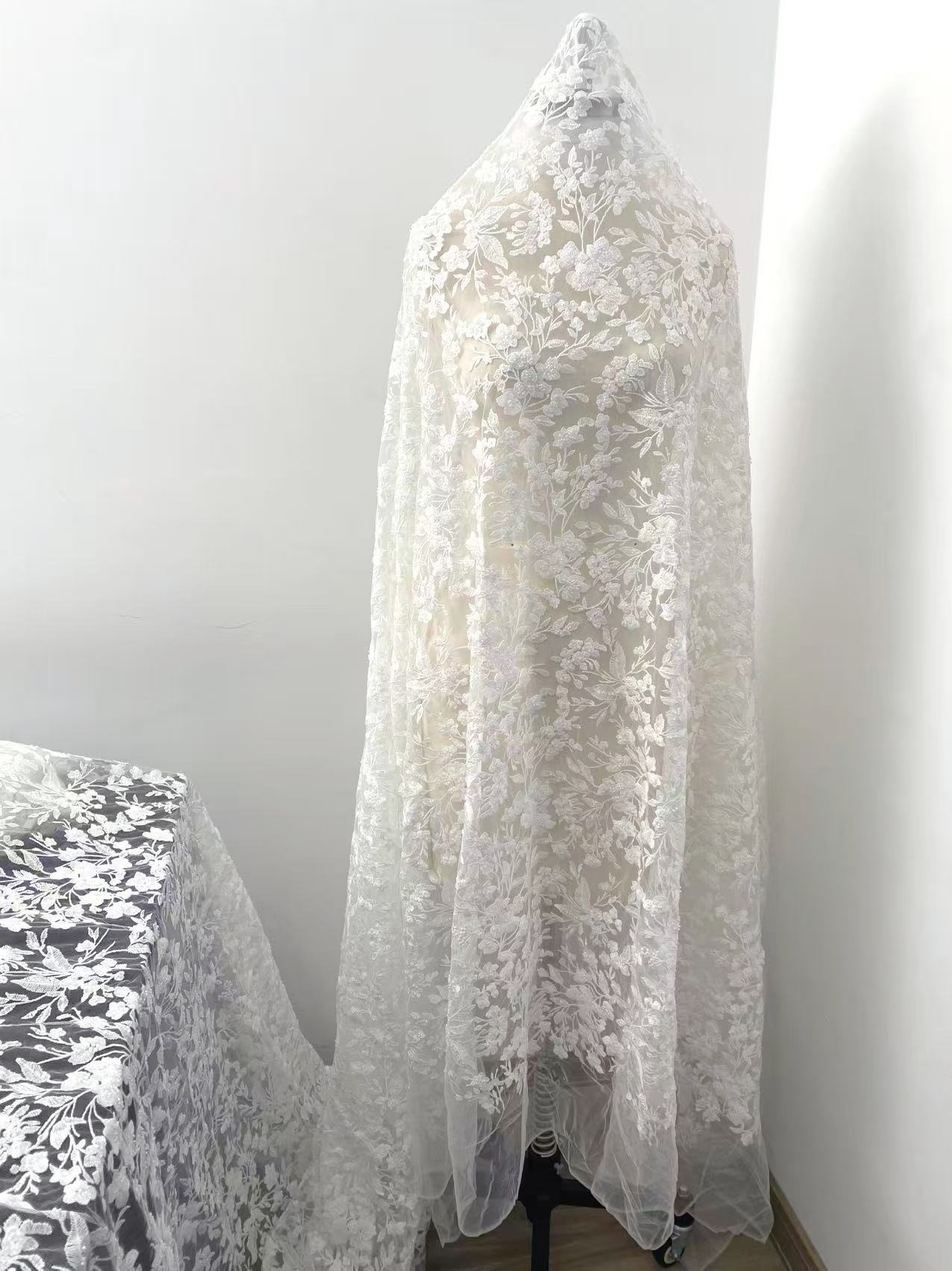 Ivory Floral Embroidery Lace Fabric by yard, Bridal Dress Lace tulle for DIY sewing, Designer Dressmaking Supplies