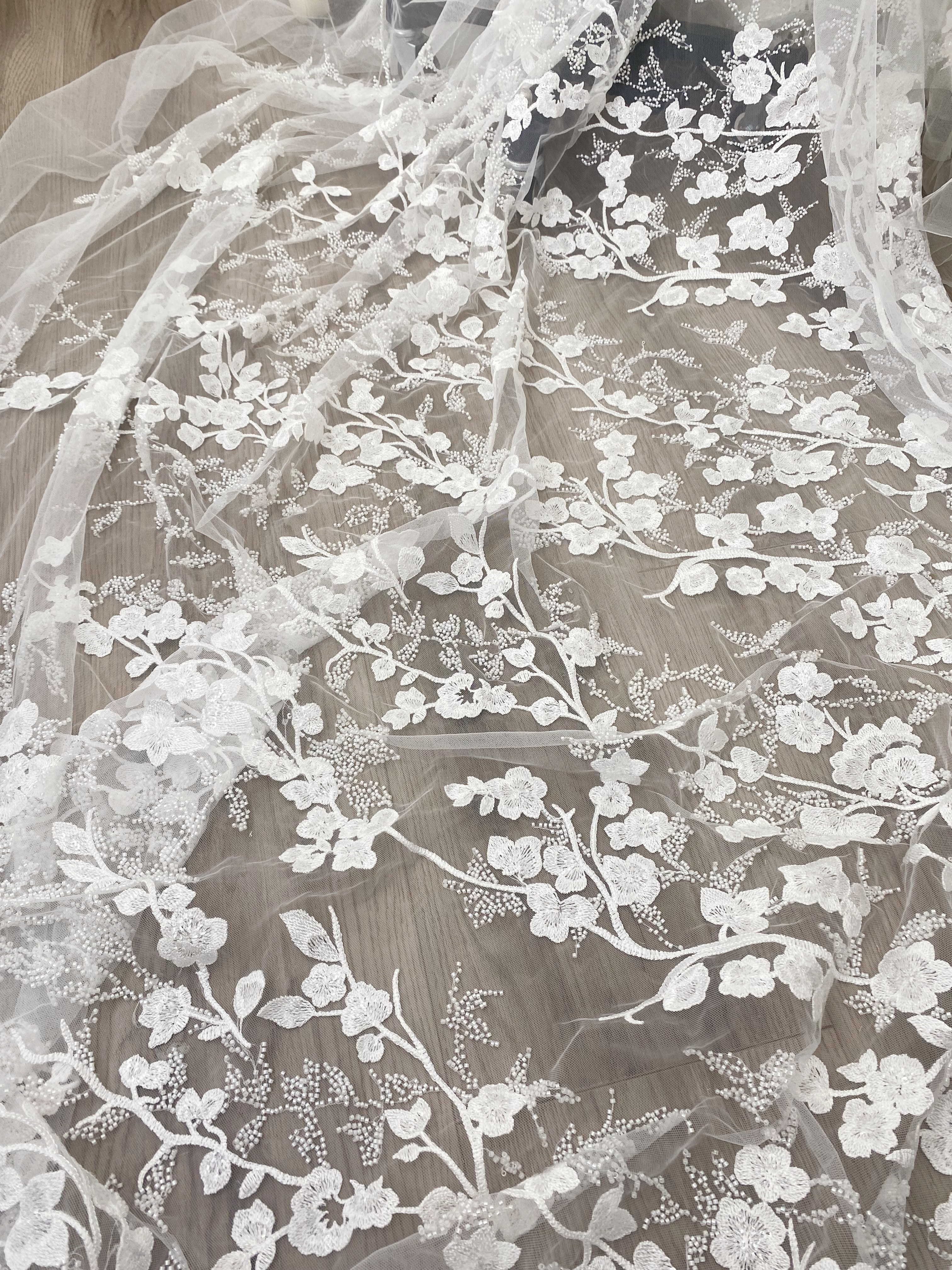 Ivory Beaded Flowers Embroidery Mesh Fabric with Sparkly Sequine Floral Tull Lace for Wedding, Bridal Dress, Veil, Bridal Fabric 