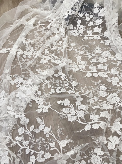 Ivory Beaded Flowers Embroidery Mesh Fabric with Sparkly Sequine Floral Tull Lace for Wedding, Bridal Dress, Veil, Bridal Fabric 