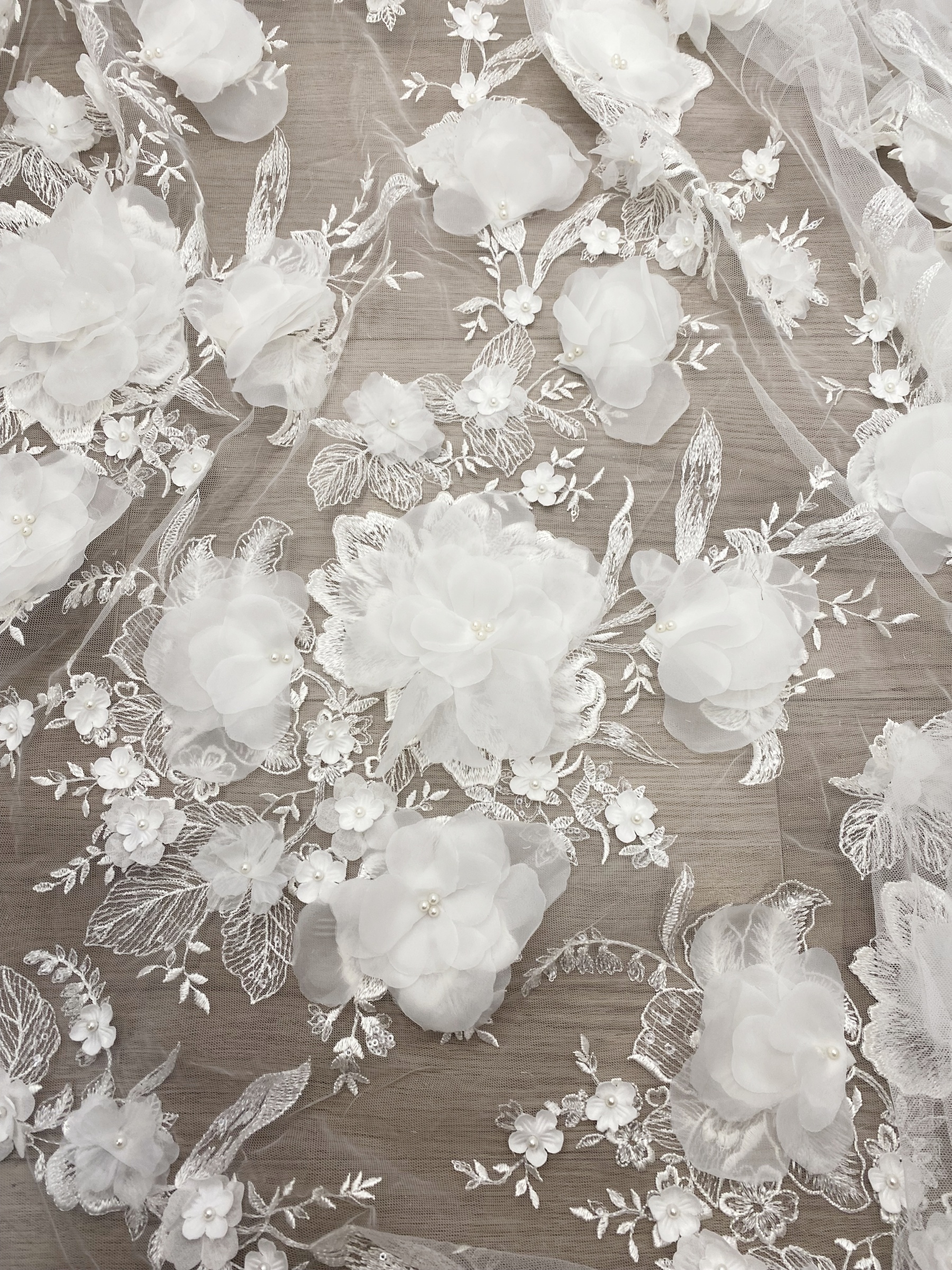 White 3D Floral Embroidery Lace Fabric With Pearls, Soft Tulle lace For Wedding gown, Evening Dresses, Prom-Dress By The Yard