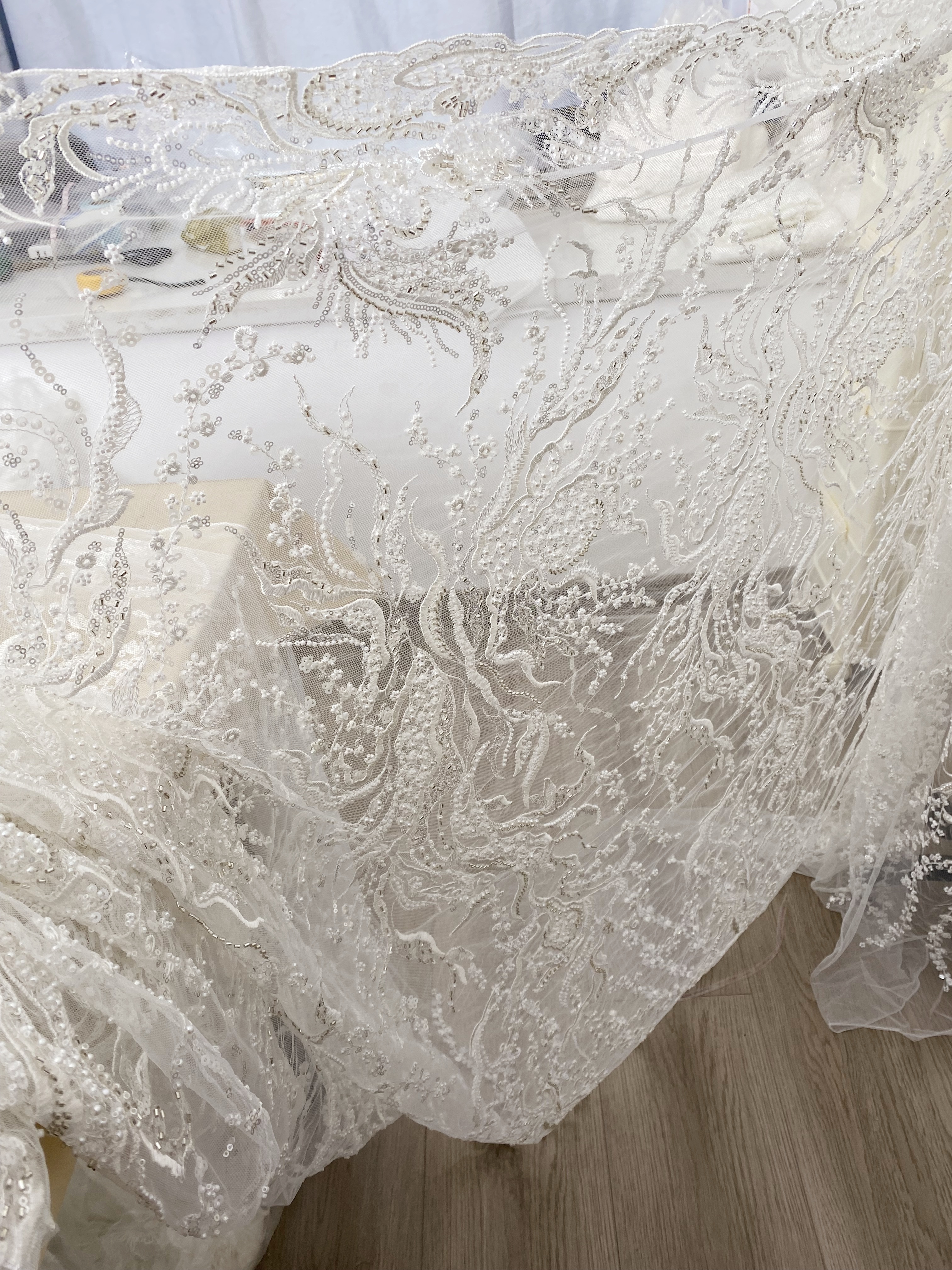 Beaded Lace Fabric, Embroidered Tulle with Pearls and Beads,Wedding Dress Fabric