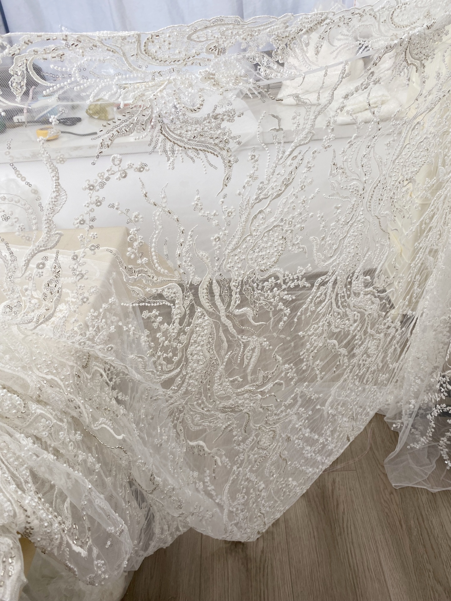Beaded Lace Fabric, Embroidered Tulle with Pearls and Beads,Wedding Dress Fabric