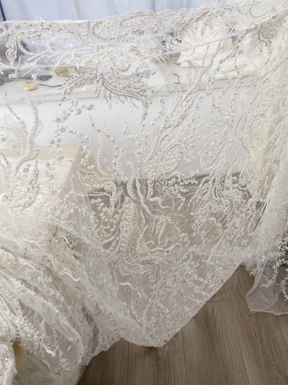 Beaded Lace Fabric, Embroidered Tulle with Pearls and Beads,Wedding Dress Fabric