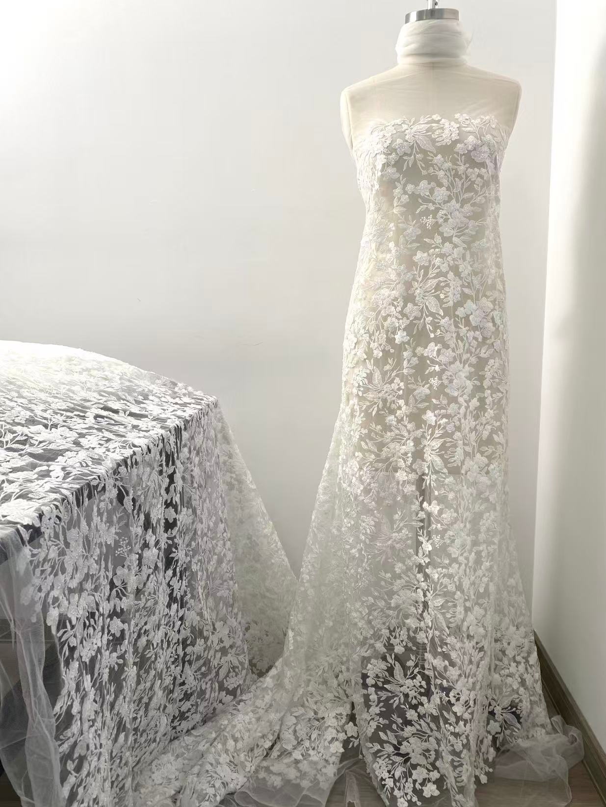 Ivory Floral Embroidery Lace Fabric by yard, Bridal Dress Lace tulle for DIY sewing, Designer Dressmaking Supplies