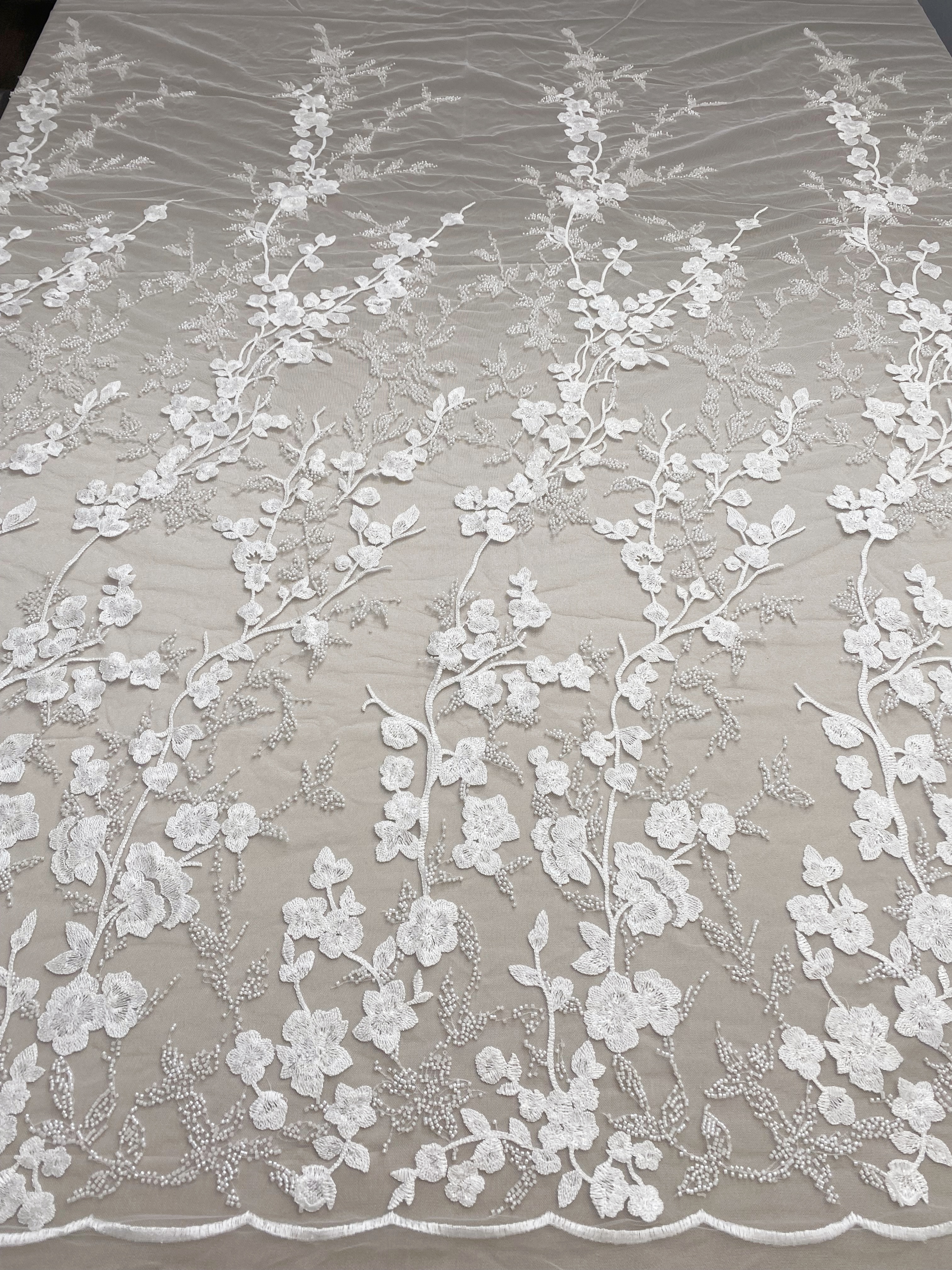 Ivory Beaded Flowers Embroidery Mesh Fabric with Sparkly Sequine Floral Tull Lace for Wedding, Bridal Dress, Veil, Bridal Fabric 