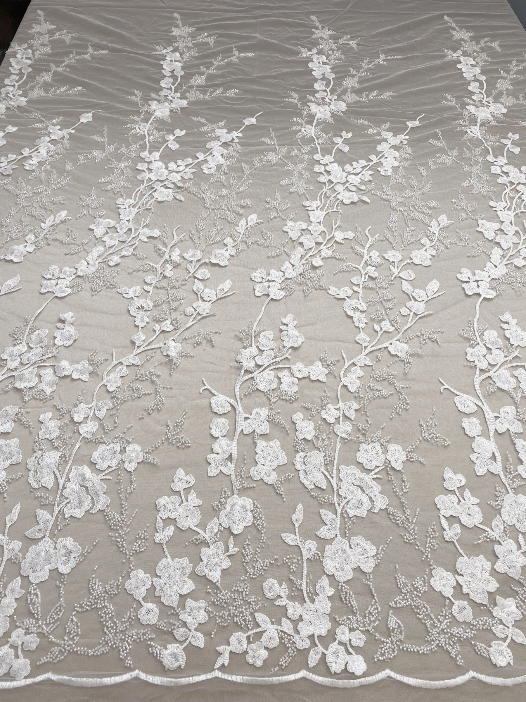 Ivory Beaded Flowers Embroidery Mesh Fabric with Sparkly Sequine Floral Tull Lace for Wedding, Bridal Dress, Veil, Bridal Fabric 