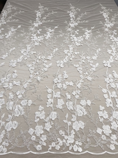 Ivory Beaded Flowers Embroidery Mesh Fabric with Sparkly Sequine Floral Tull Lace for Wedding, Bridal Dress, Veil, Bridal Fabric 