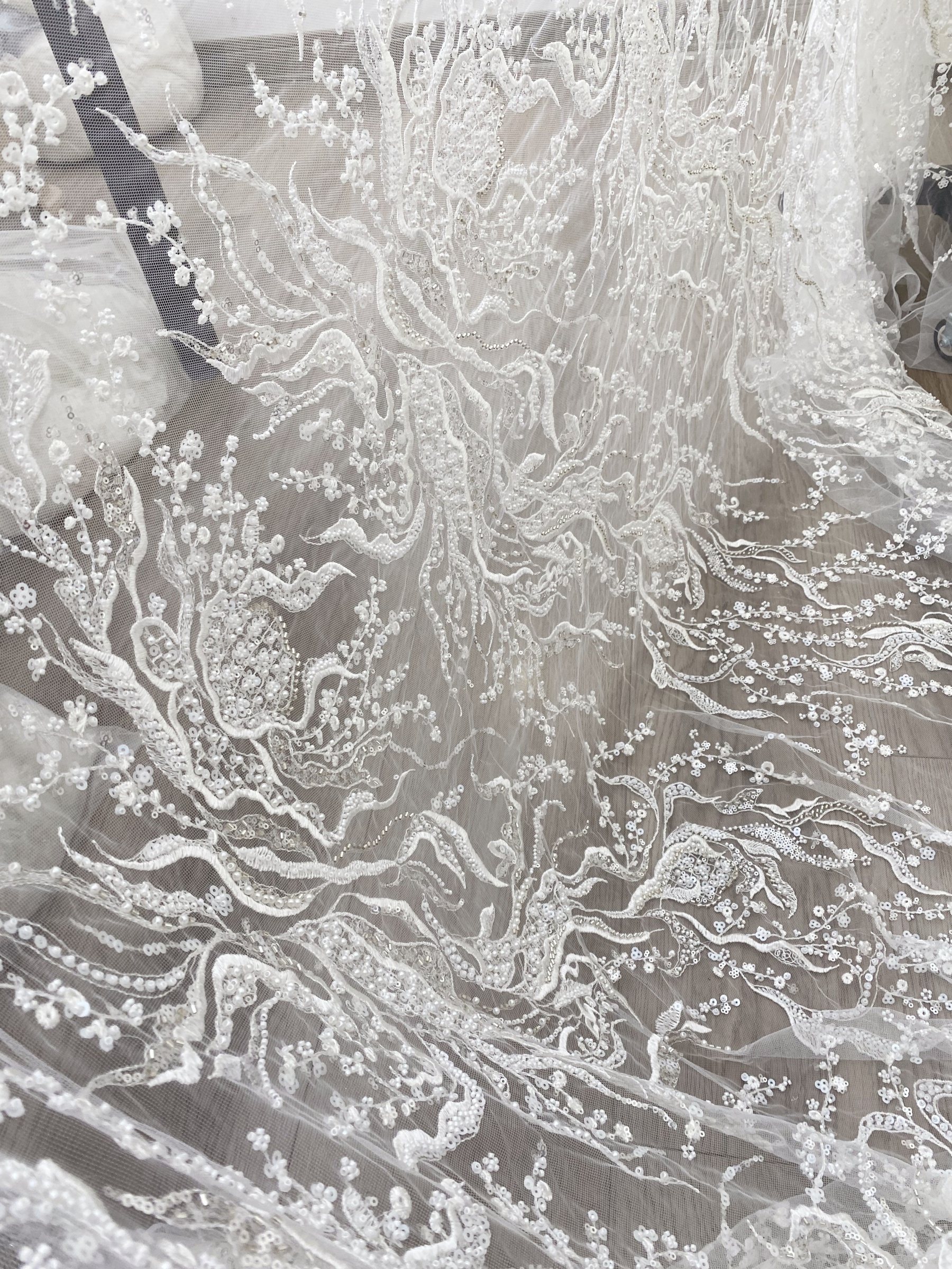 Beaded Lace Fabric, Embroidered Tulle with Pearls and Beads,Wedding Dress Fabric